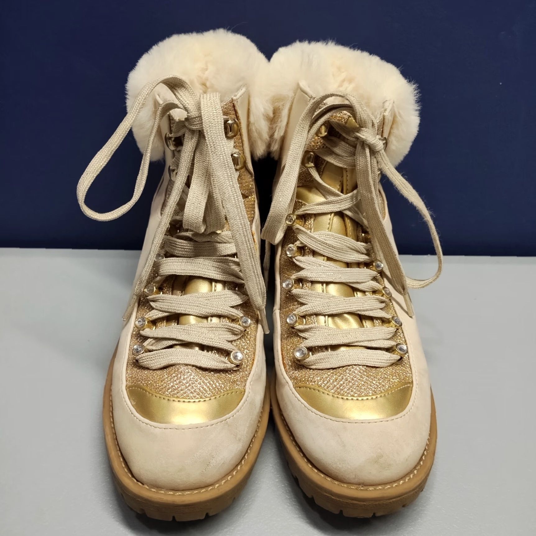 Juicy Couture Juicy Couture Heeled Boots Women's Size 8M Gold Sude Leather Faux Fur Lace-up Bootie Size US 8 / IT 38 - 2 Thumbnail