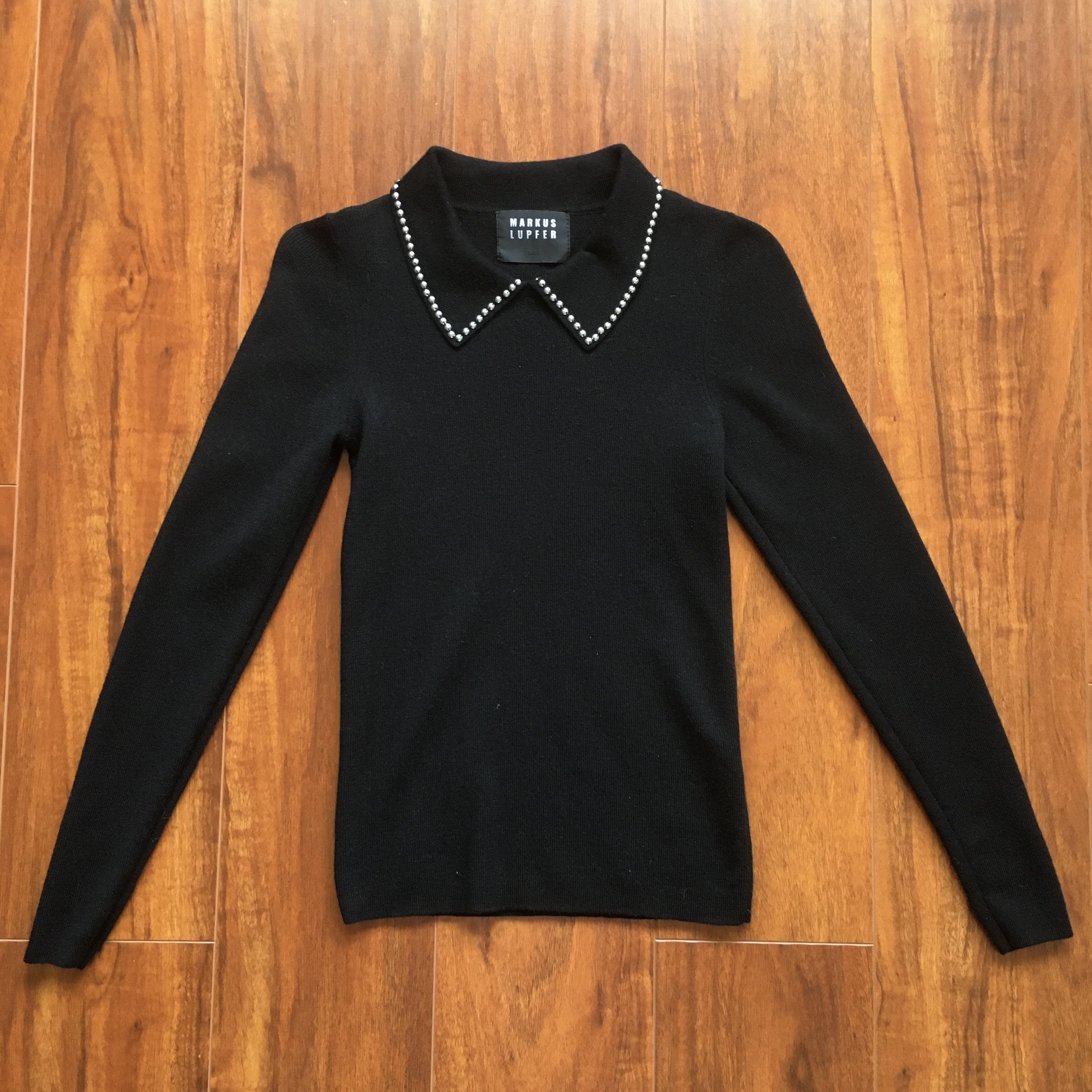 image of Markus Lupfer Studded Collar Black Merino Wool Sweater, Women's (Size Small)