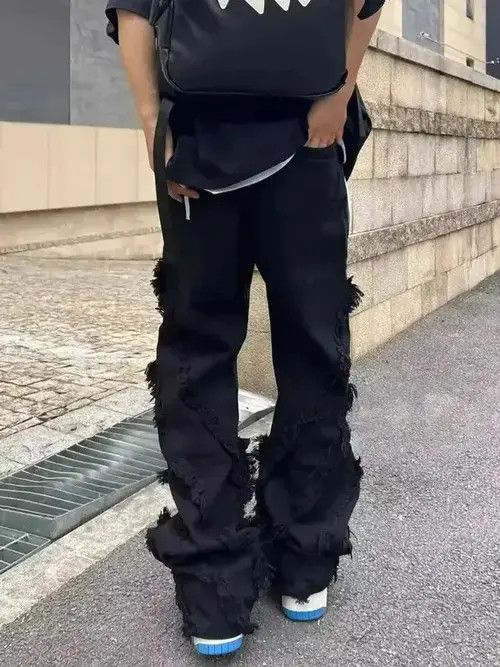 Japanese Brand Black Color Pants with raw edges loose trousers Size US 31 - 4 Thumbnail