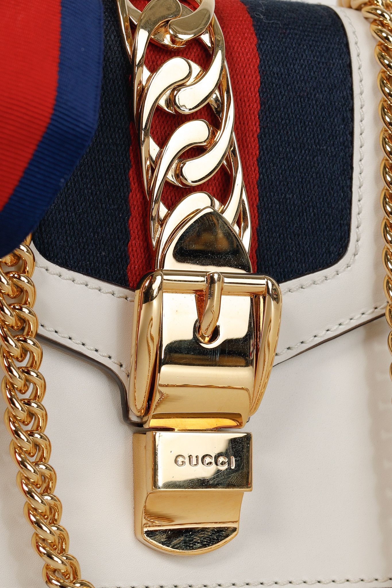 Gucci Gucci Sylvie Mini Chain White Leather Stripe-Web Bag Size ONE SIZE - 10 Thumbnail