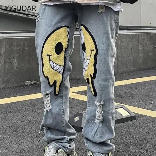 image of Designer Asymmetric Ripped Jeans Holes Baggy Y2K K Pop Harajuku in Blue, Men's (Size 30)