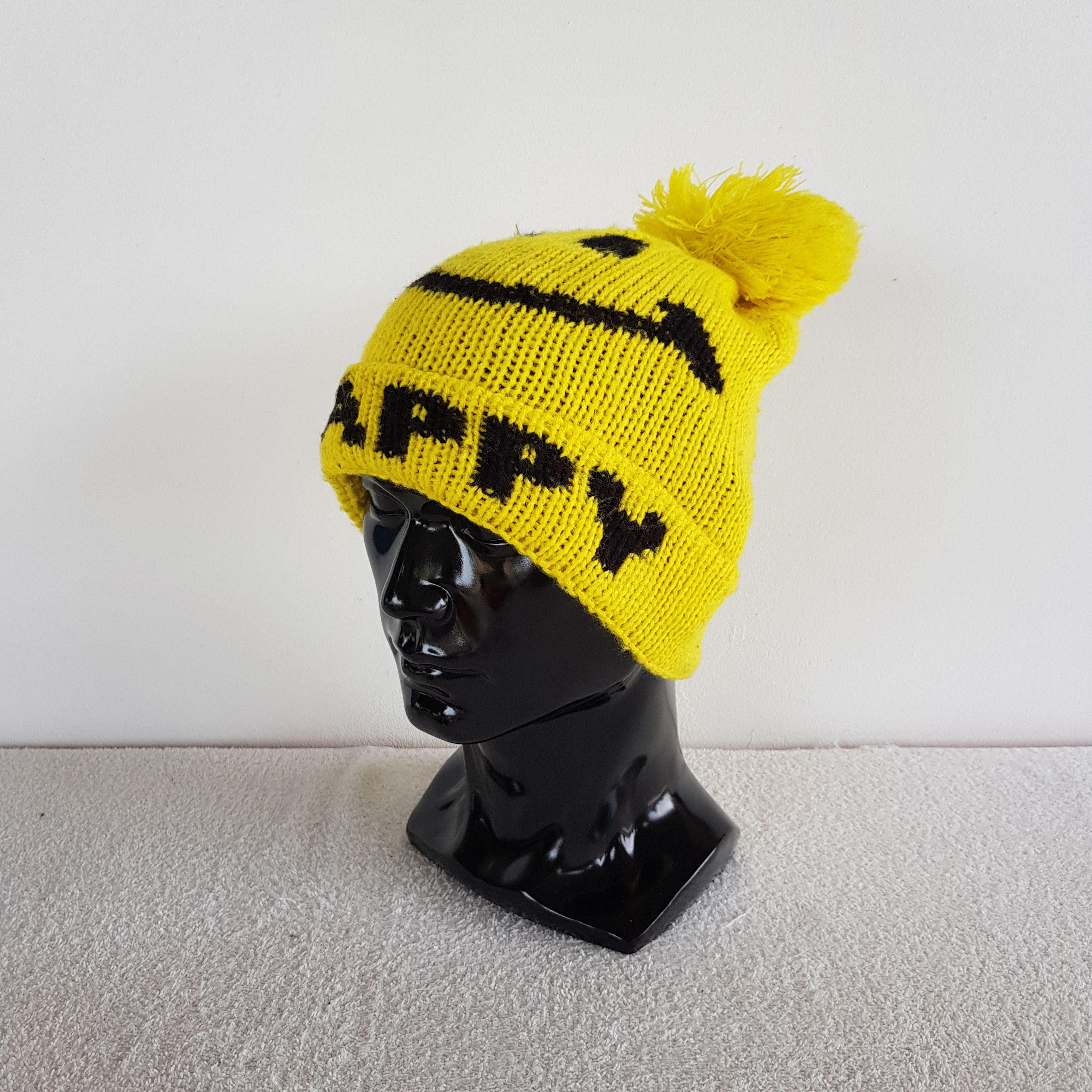 Japanese Brand Smiley Beanie Happy Pom Pom Ribbed Knit Snow Cap Hats. Size ONE SIZE - 2 Thumbnail