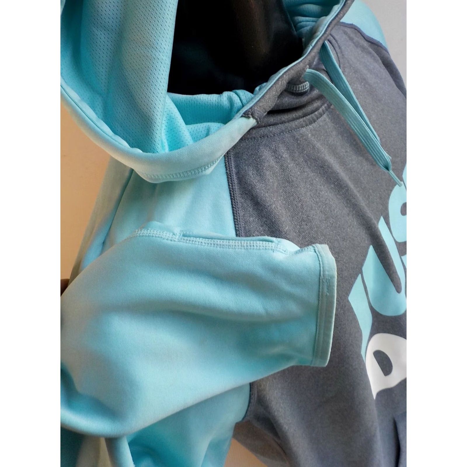 Nike NIKE Therma-Fit Just Do It 2 Tone Hoodie Gray Turquoise Womens XL Pullover Kangaroo Pocket 100% Polyester Good Condition Size XL / US 12-14 / IT 48-50 - 5 Thumbnail