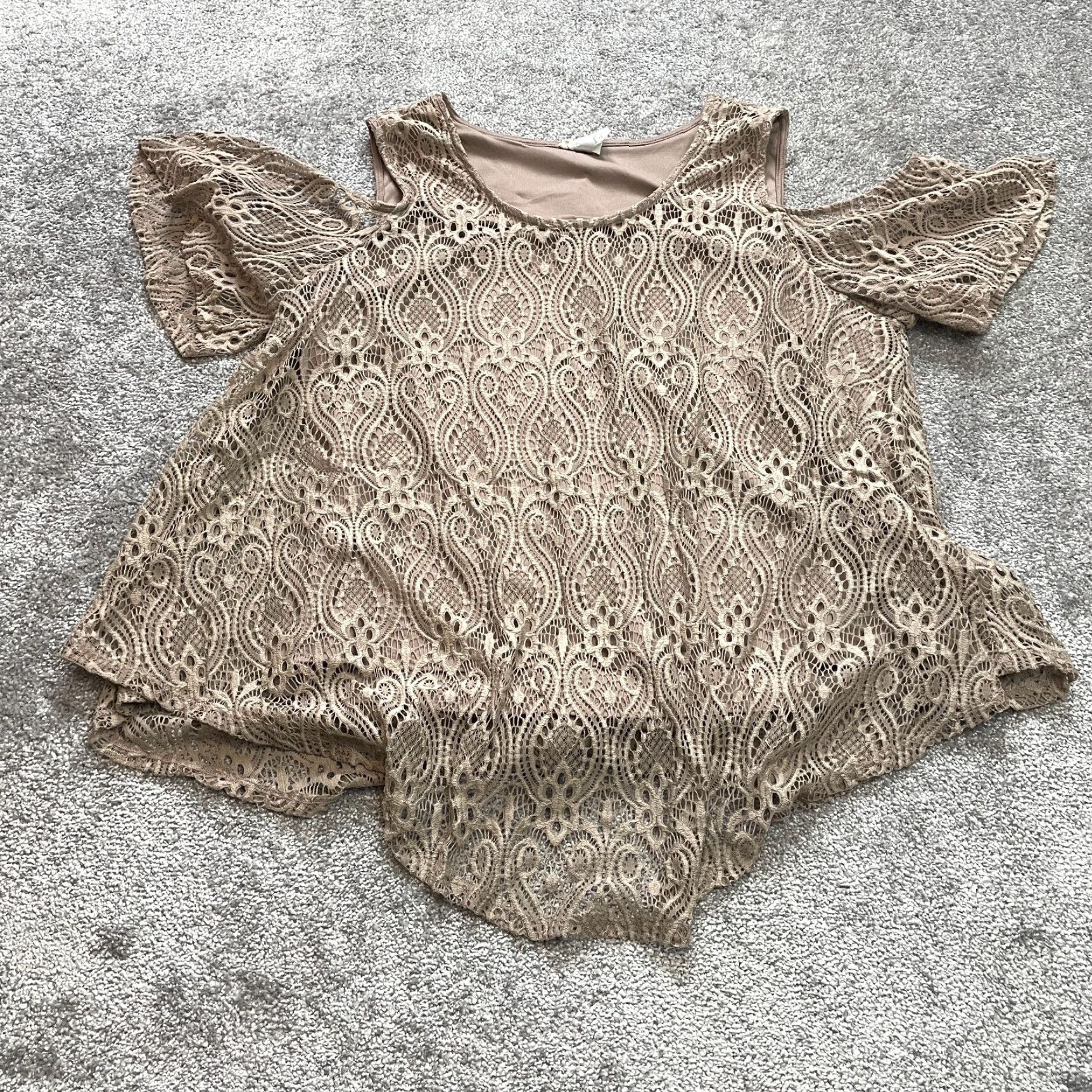 Vintage Brittany Black Blouse Shirt Womens 3X Bronze Brown Cold Shoulder Sleeve Lace Knit Nylon Spandex Solid Size XXL / US 16-18 / IT 52-54 - 2 Thumbnail