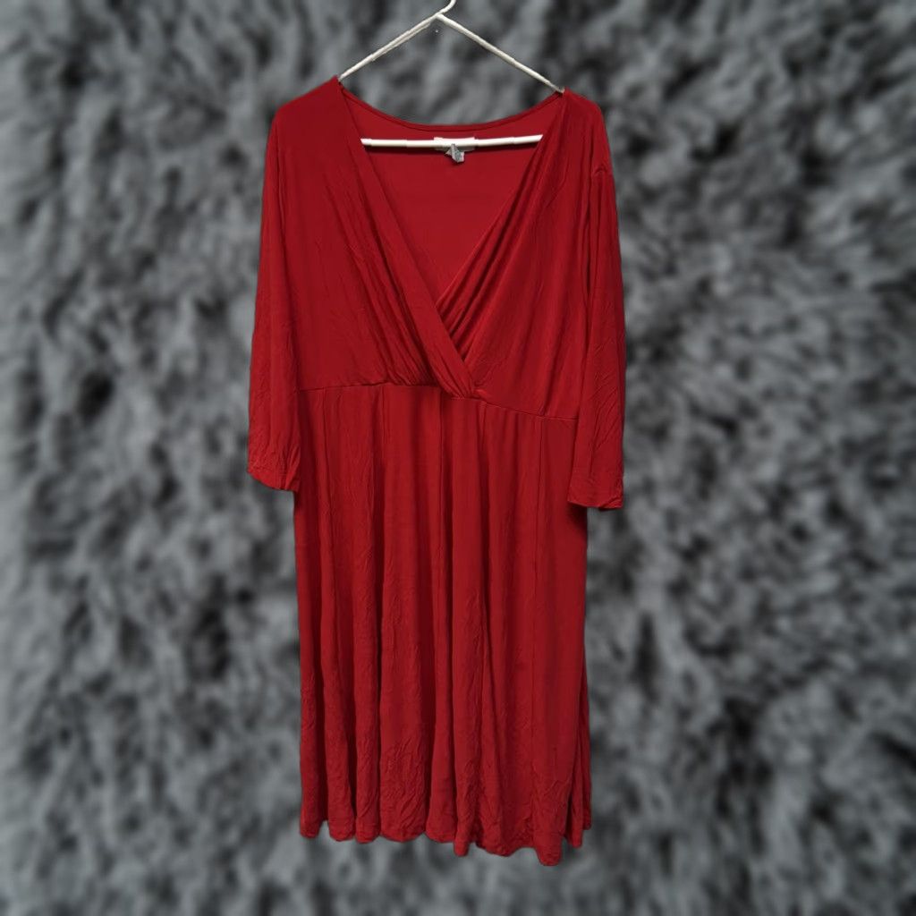 Vintage Jessica London Dress Womens 18 Red Midi Surplice Stretch V Neck Boho Chic Fall Size XXL / US 16-18 / IT 52-54 - 1 Thumbnail