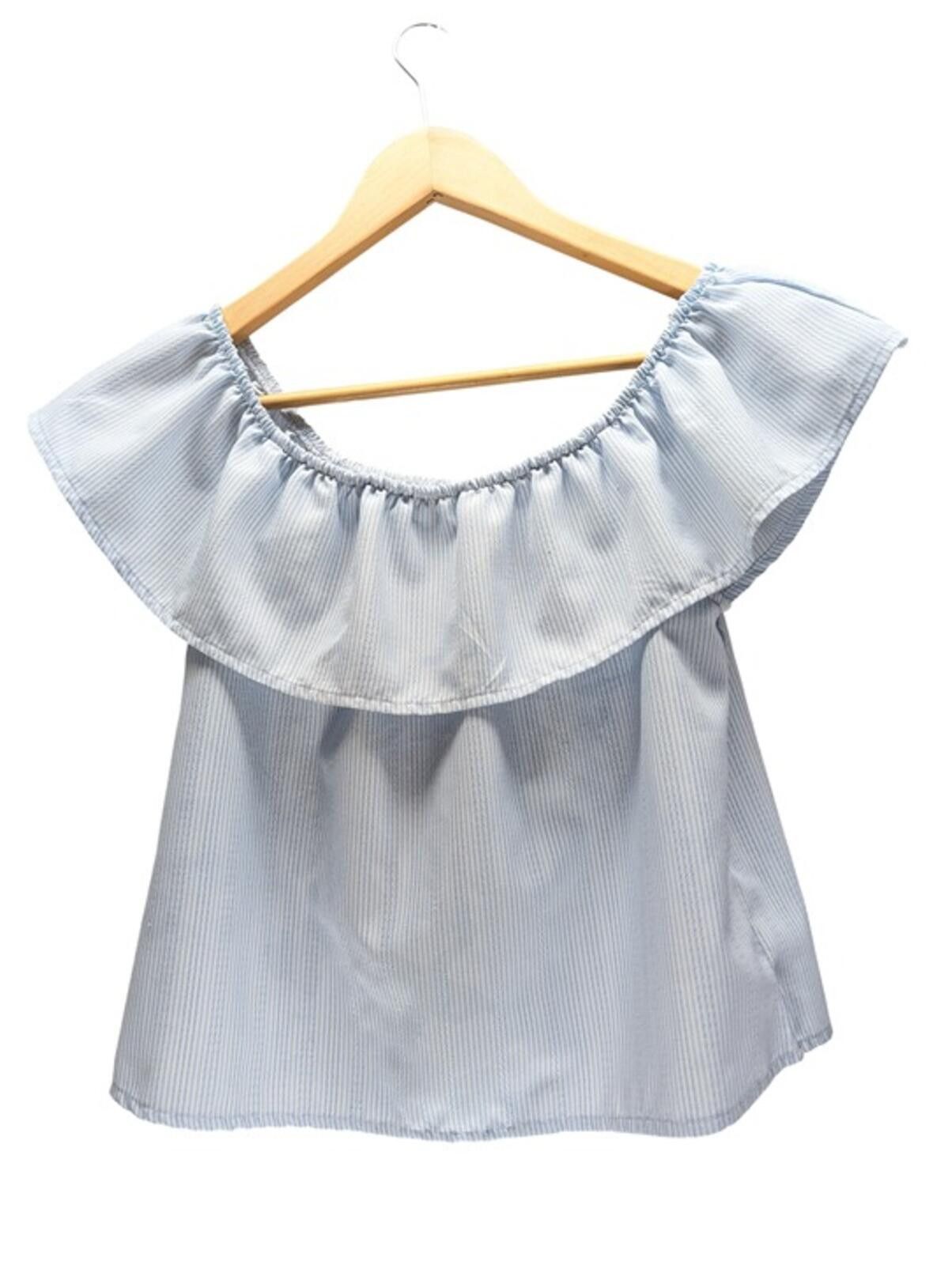 Belief NYC Belife Off Shoulder Top Kids (16) Ruffle Neck Blue Stripe Size XL / US 12-14 / IT 48-50 - 3 Thumbnail