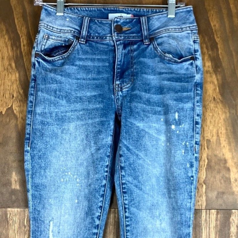 Vintage CAbi Jeans Blue Denim Cinch Mid Rise Bleach Splatter Skinny Stretch 4 5-Pocket Design Womens Size 27" / US 4 / IT 40 - 2 Thumbnail
