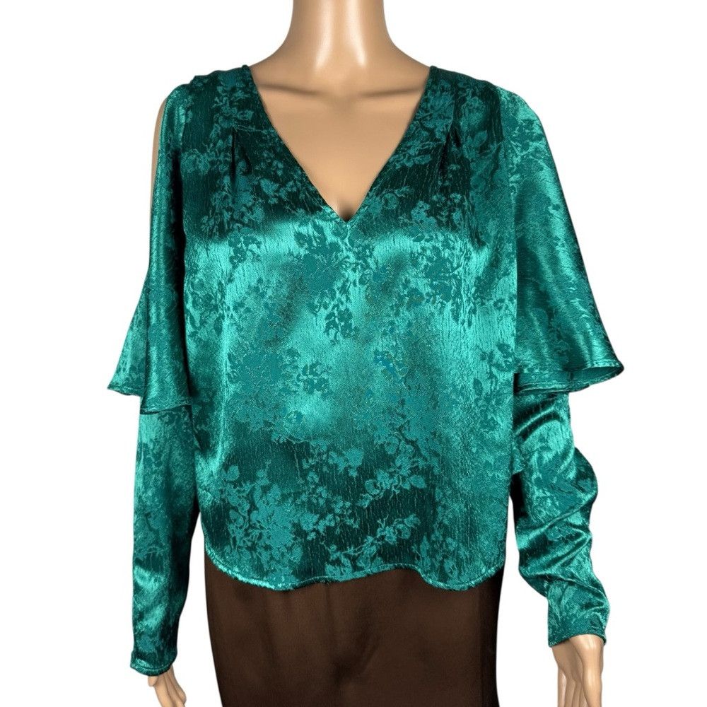 Free People Free People Cold Shoulders Long Sleeve Satin Floral Emerald Size S / US 4 / IT 40 - 1 Thumbnail