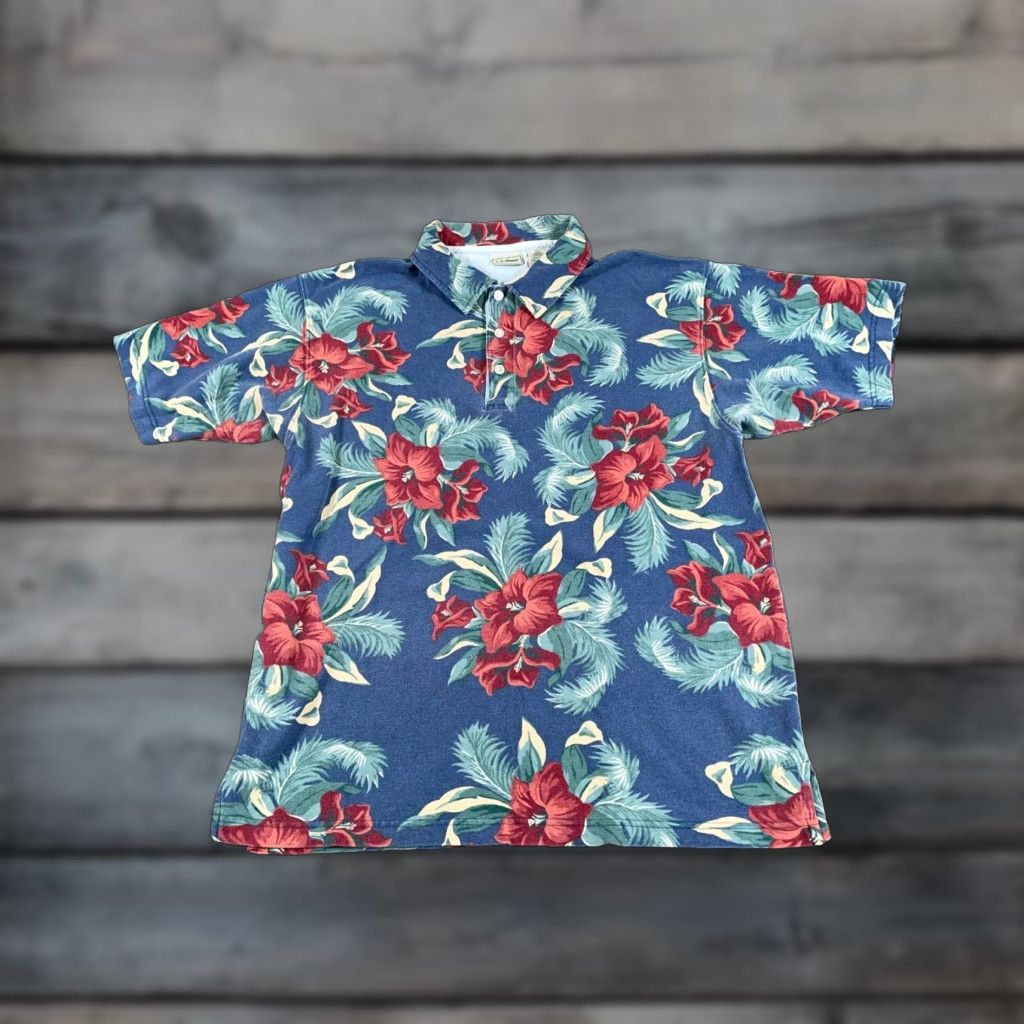 Vintage VINTAGE L.L. Bean Floral Polo Shirt Adult Medium Blue Retro 90s Preppy Mens Size US M / EU 48-50 / 2 - 1 Thumbnail