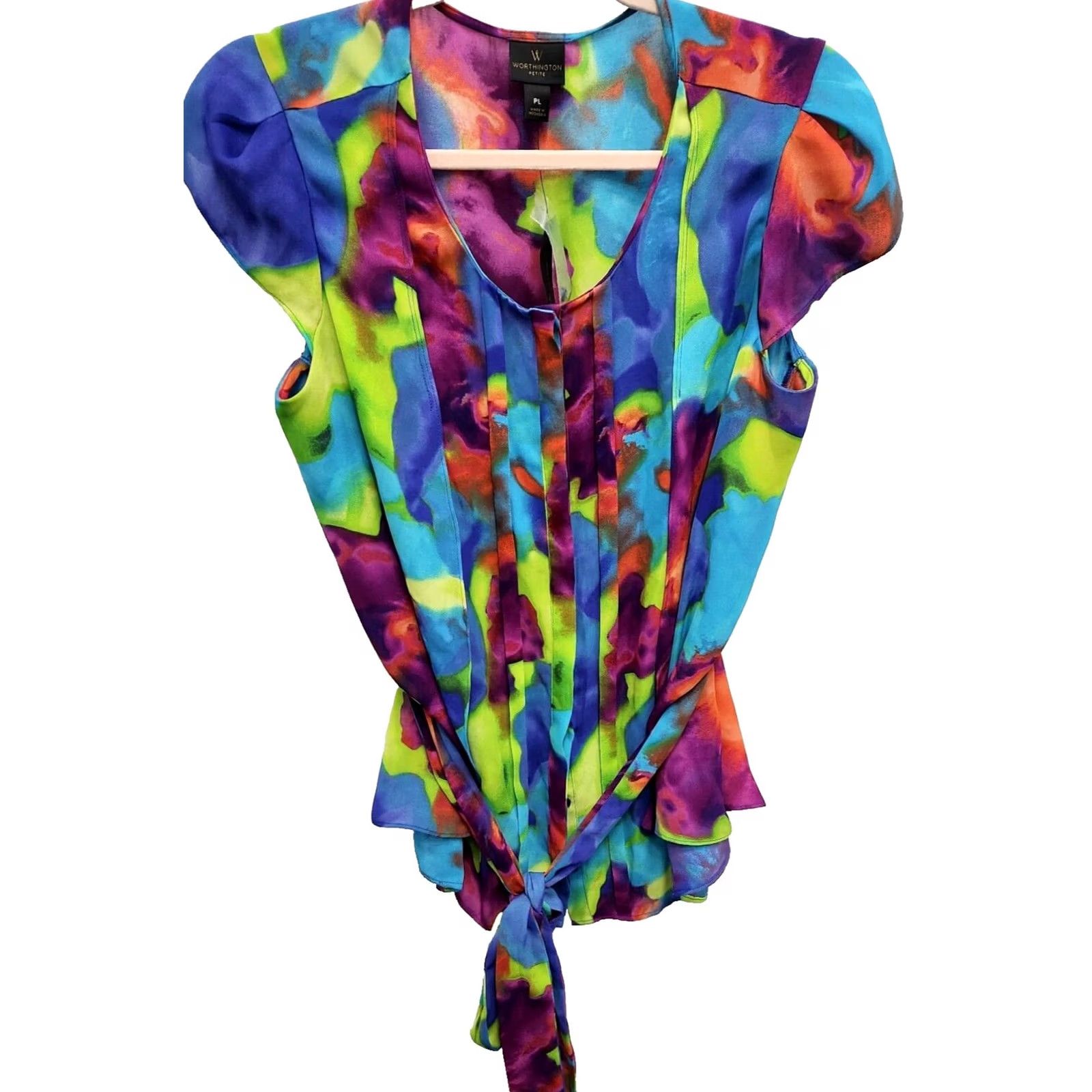 Worthington Worthington Womens Blouse Petite Large Abstract Print Artsy Short Sleeve Top NWT Blouse (+Petites) Multicolor Size L / US 10 / IT 46 - 2 Thumbnail