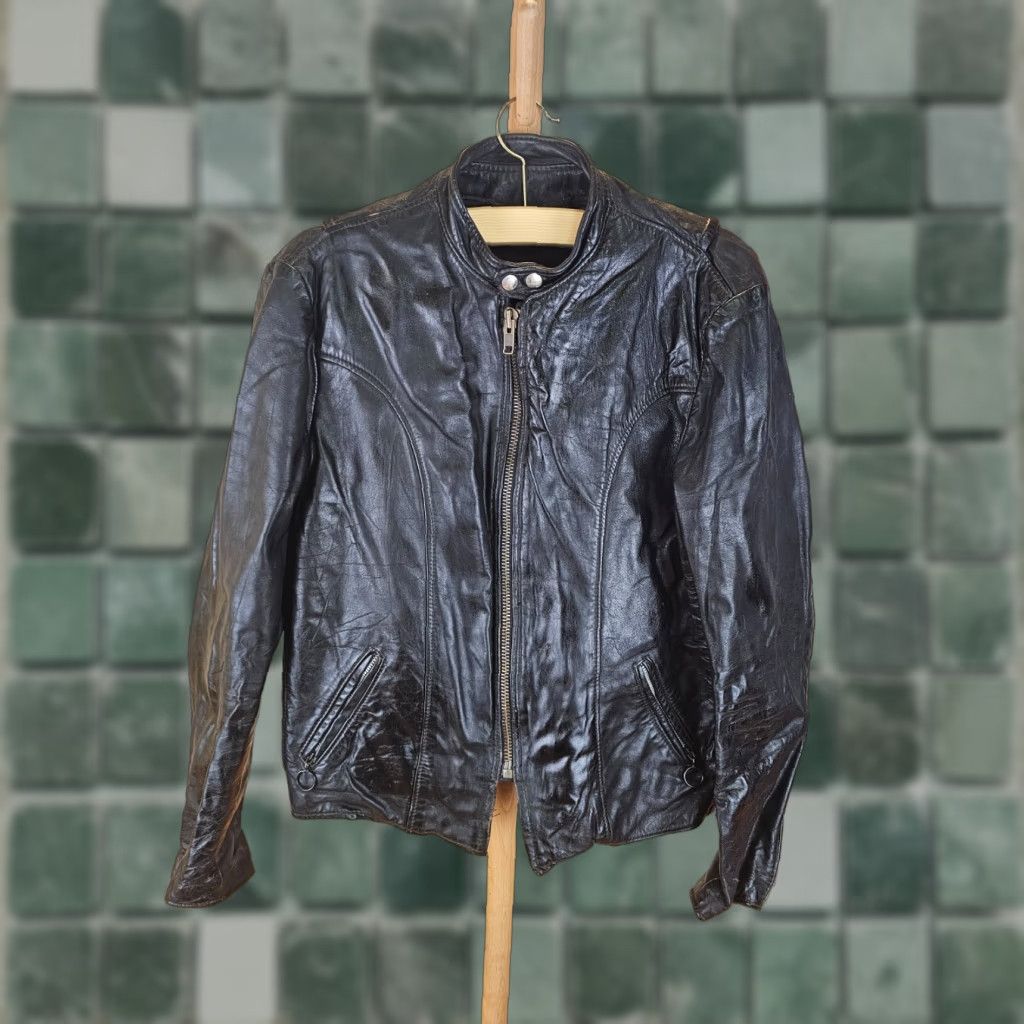 Brooks VINTAGE Brooks Jacket Leather Motorcycle SZ 44 Men Leather JACKET 70s Cafe Racer Brookes Jet Black 26 44 Bedrock Cross Chest 23 INCH Mens Size US S / EU 44-46 / 1 - 1 Thumbnail