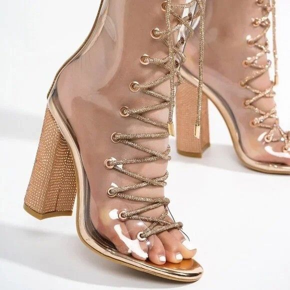Other See Me Rose Gold Rhinestone Laces Heels Clear Upper Open Toe Size US 6 / IT 36 - 7 Thumbnail