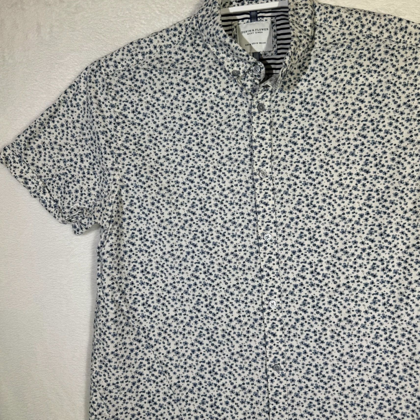 Denime Denim & Flower Shirt Mens Medium Blue White Floral Button-Down Short Sleeve Cotton Size US M / EU 48-50 / 2 - 4 Thumbnail