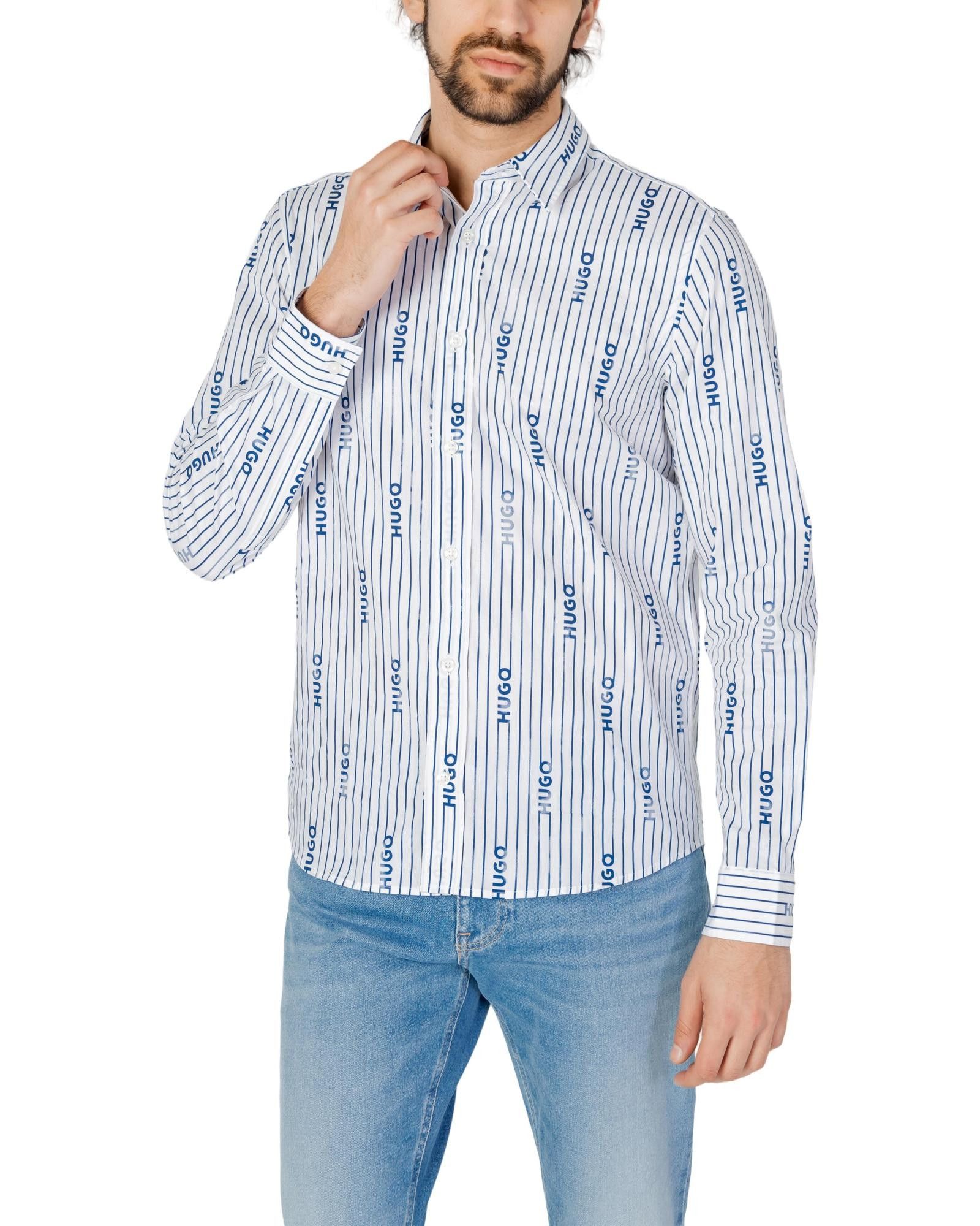 image of Hugo Printed Cotton Long Sleeve Shirt in Blue, Men's (Size Small)