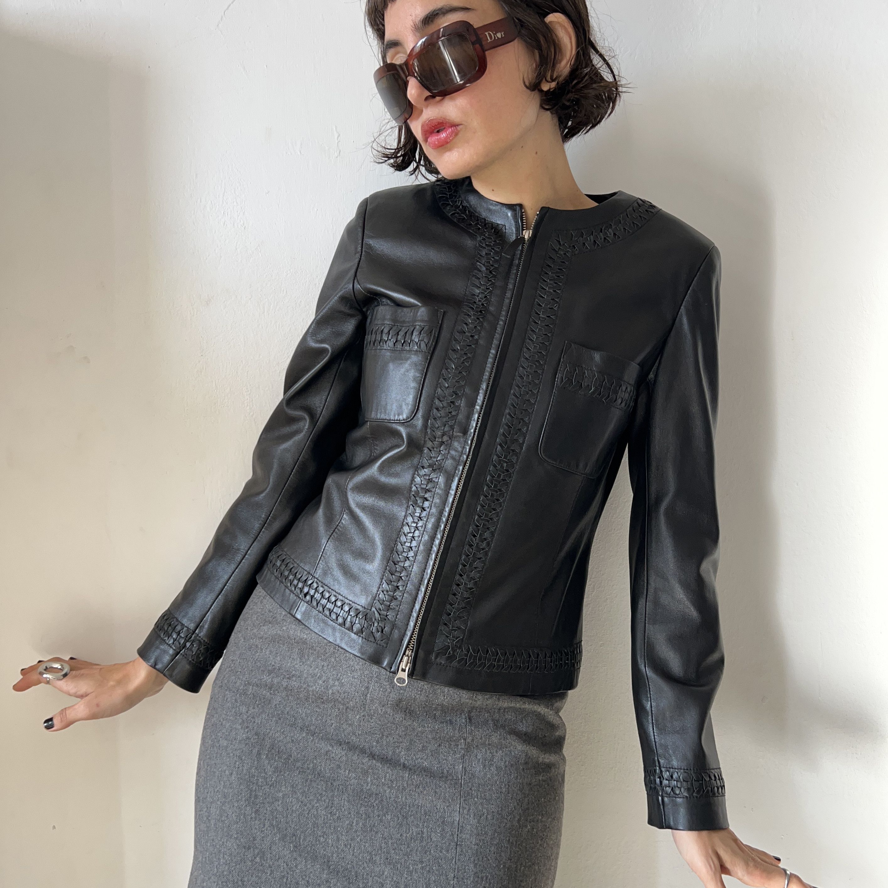 Vintage Vintage black leather braided round neck jacket Size S / US 4 / IT 40 - 6 Thumbnail