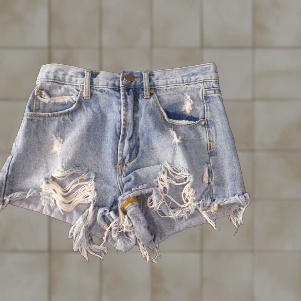 Vintage Articles of Society Womens Shorts 24 blue distressed cut light denim Cut-Off Flat Front Zip Size 42" / US 20 - 1 Thumbnail