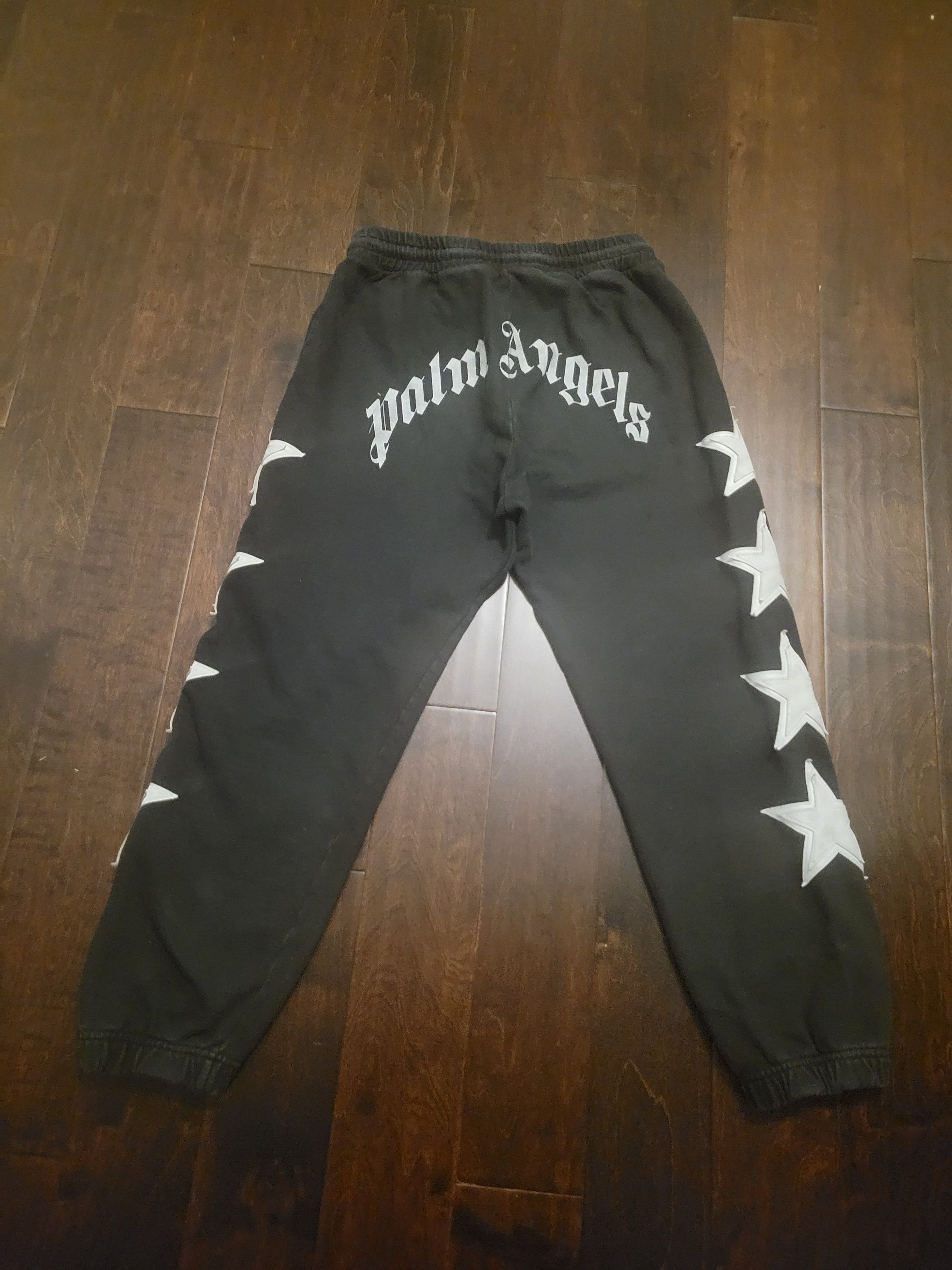 Pre-owned Palm Angels Distress Leather Star Patch Black Sweatpants