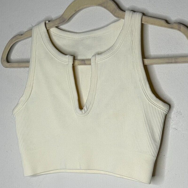 Other Cream Rib Knit Cut Front V Soft Sports Bra No Inserts Medium Size ONE SIZE - 3 Thumbnail