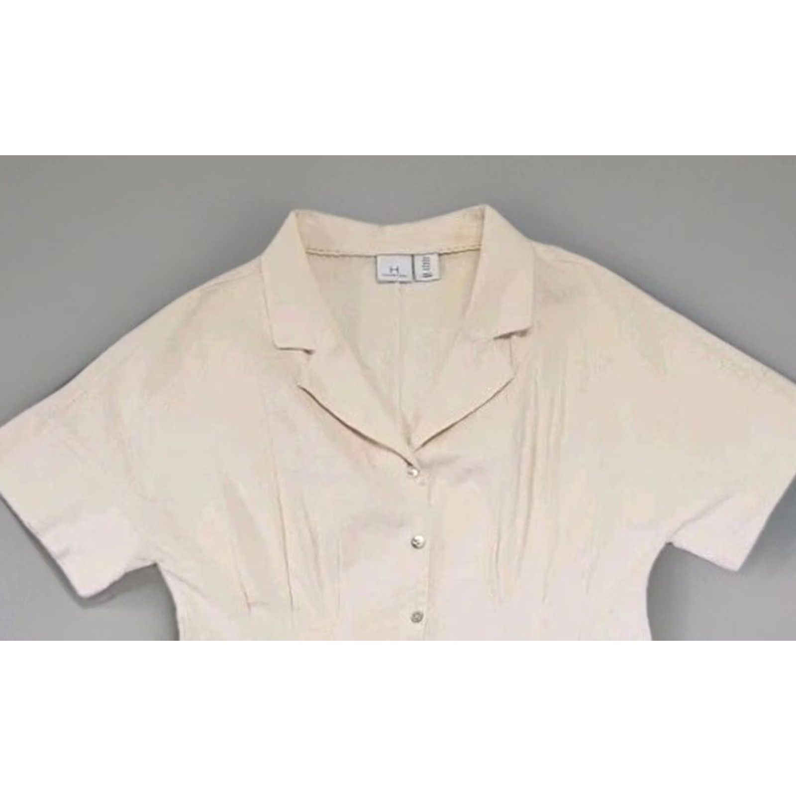 Halston Halston Heritage Shirt Dress Womens 14 Cream Button Front Fit & Flare Coastal Linen Blend Navy? Size XL / US 12-14 / IT 48-50 - 2 Thumbnail