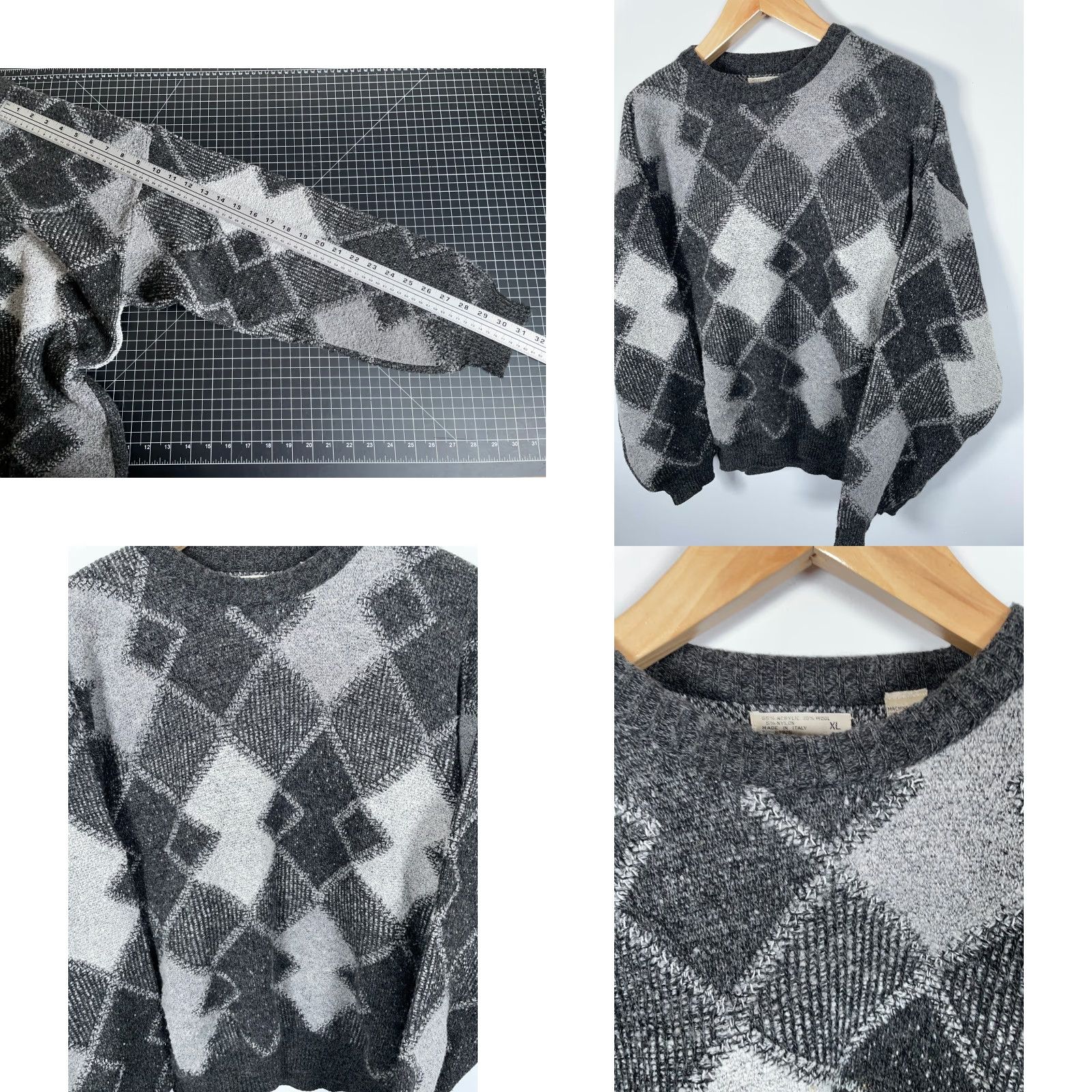 Haggar VINTAGE Haggar Sweater Men XL Black Gray Argyle Diamond Chunky Knit Italy Size US XL / EU 56 / 4 - 8 Thumbnail