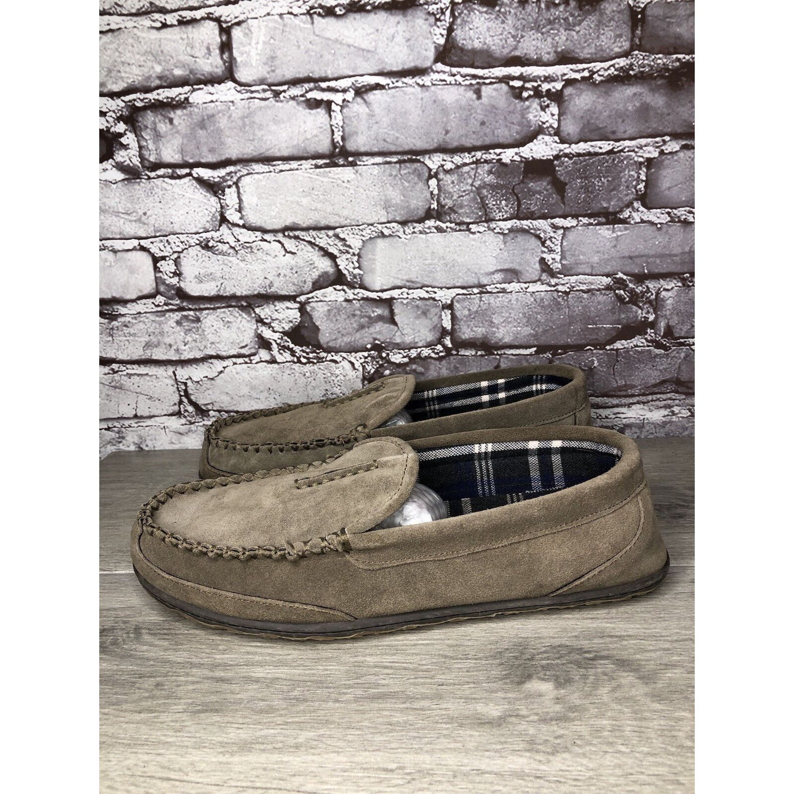 Clarks Clarks Taupe Suede Moccasin Comfort Plaid Lined House Slippe Size US 13 / EU 46 - 1 Thumbnail