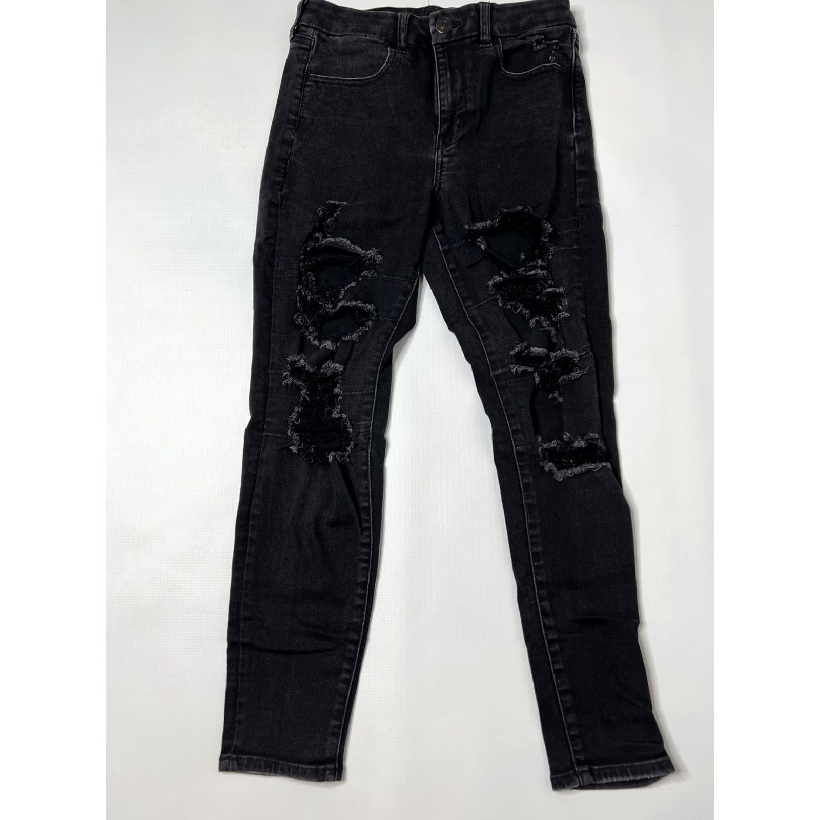 American Eagle Outfitters AEO American Eagle Jeans Size 8 Short Black Jegging Hi-Rise Skinny Distressed 5-Pocket Womens - Petites, Comfort, 4.25" Leg Opening Size 30" / US 8 / IT 44 - 2 Thumbnail