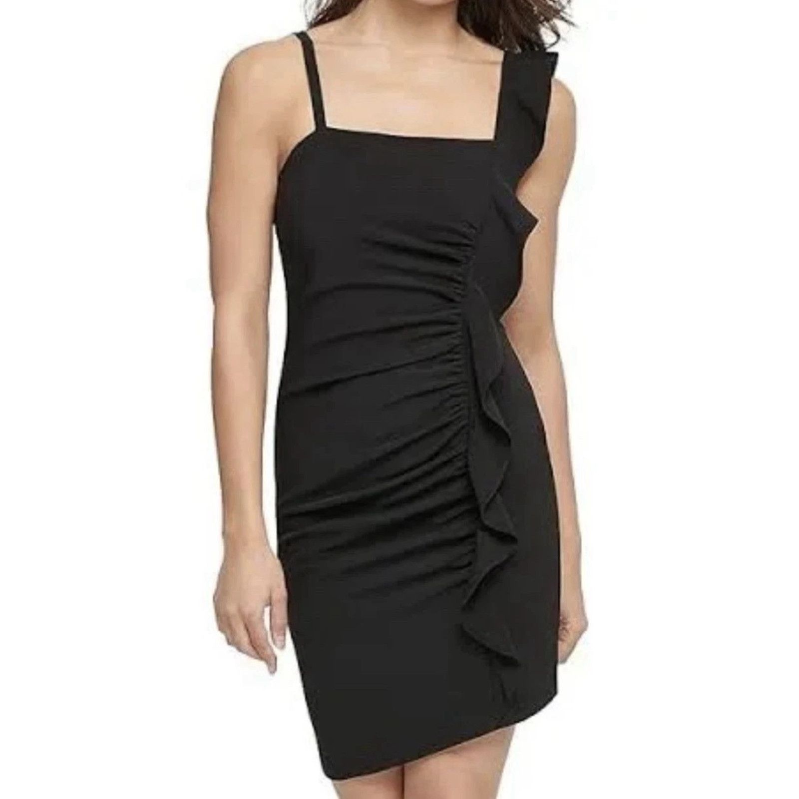 Guess GUESS Ruffled Bodycon Dress Black Solid Straight Neck Size XL / US 12-14 / IT 48-50 - 1 Thumbnail