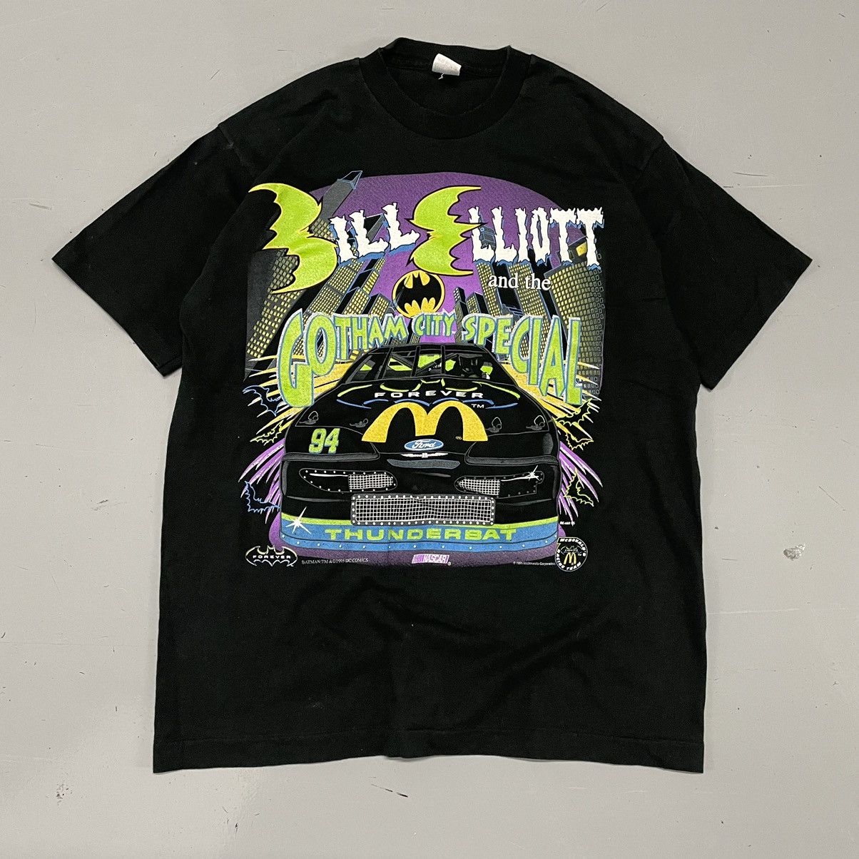 image of Crazy Vintage 90's Bill Elliot Batman Forever Nascar Aop Tee in Black, Men's (Size XL)