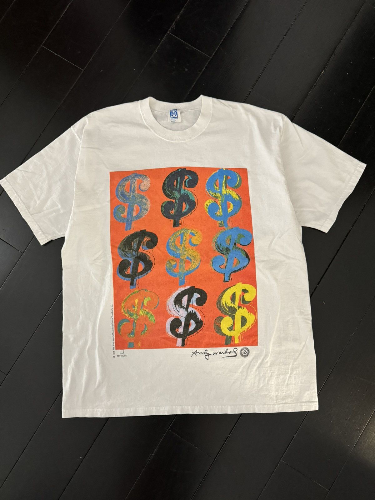 image of 1996 Andy Warhol Dollar Sign Pop Art T-Shirt in White, Men's (Size XL)