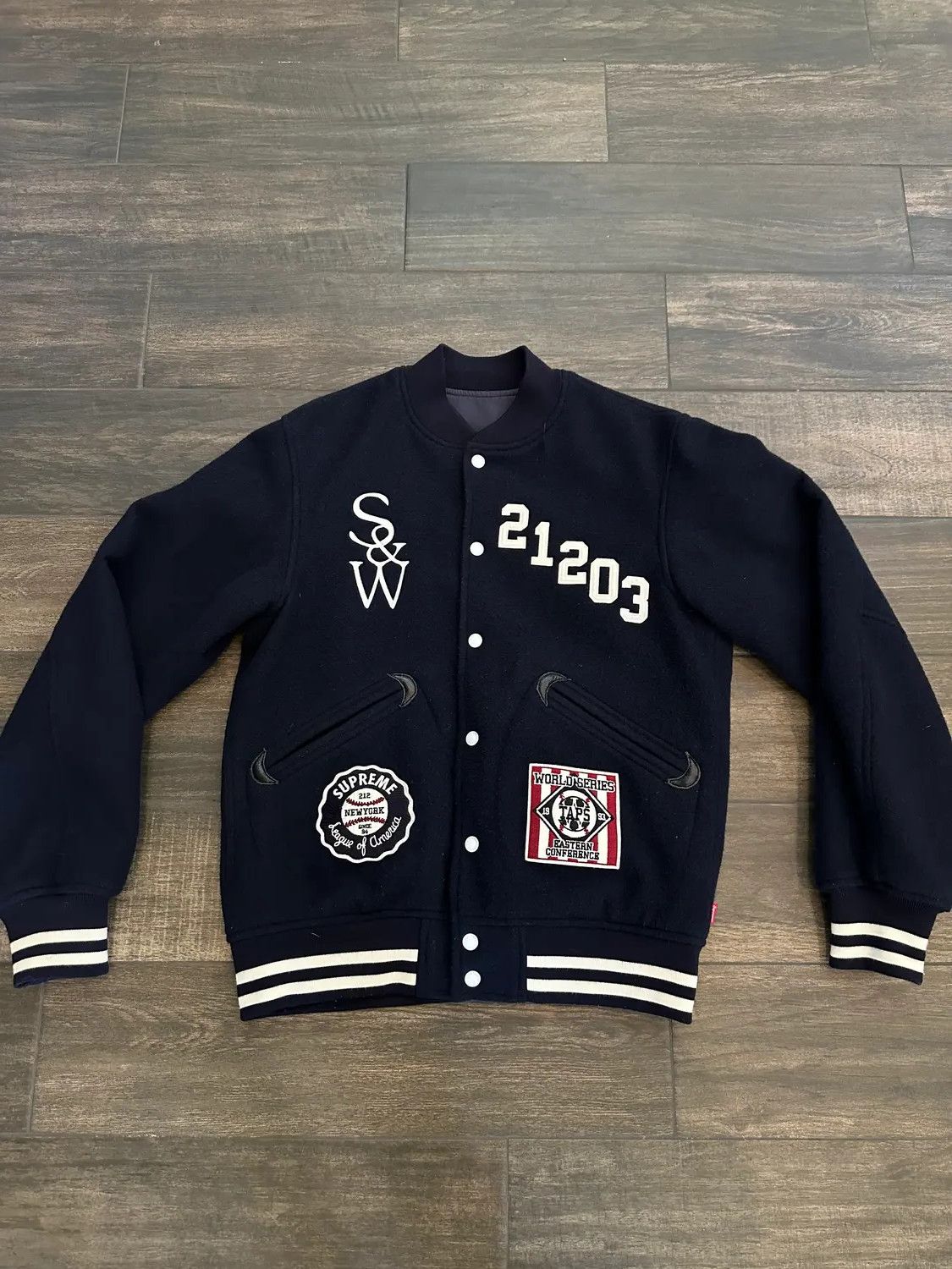 image of Supreme Fw09 Reversible Varsity Jacket Navy, Men's (Size Large)