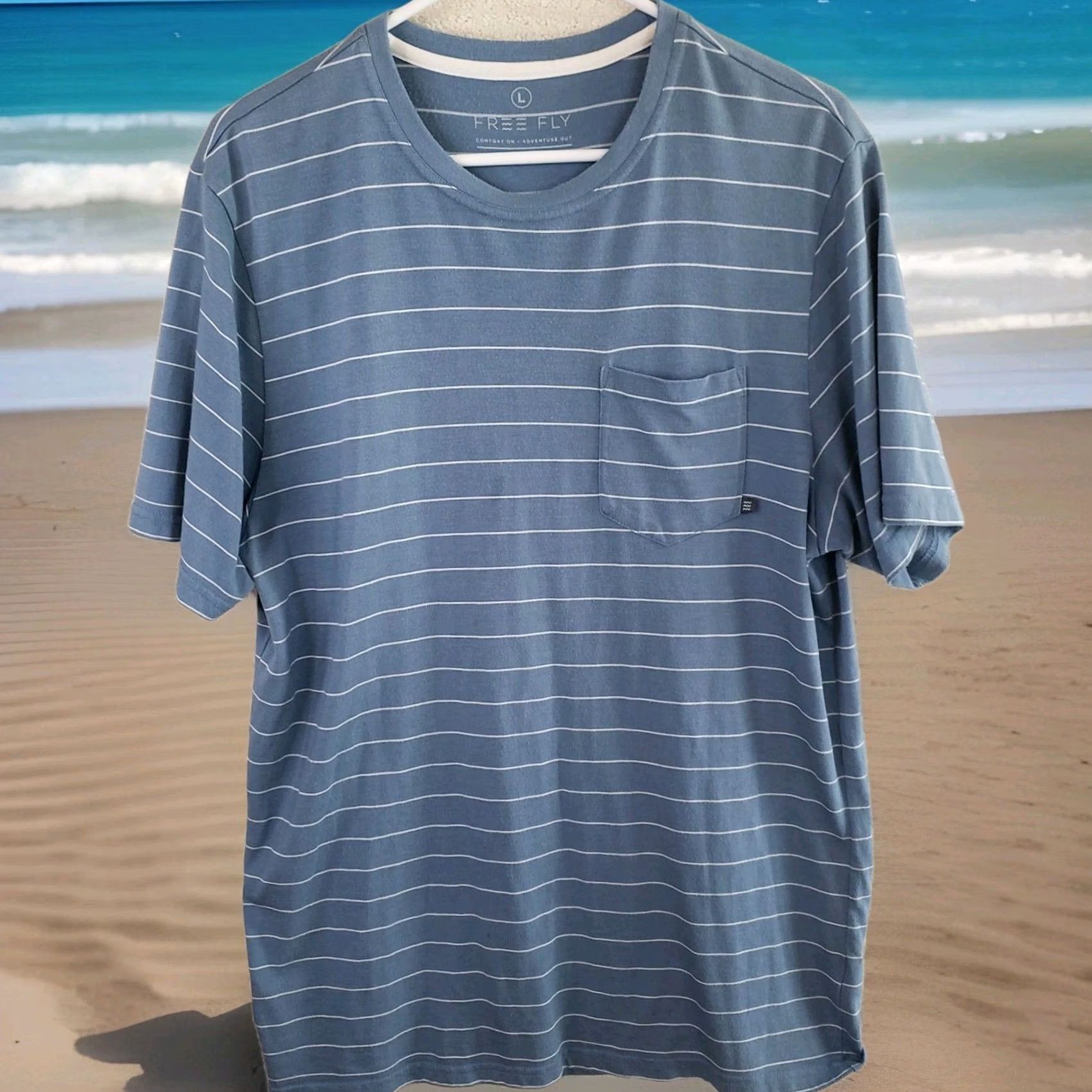 Vintage Free Fly Men's T-Shirt Crew Neck Pocket Striped Blue/White L Jersey Summer/Spring/Fall Size US L / EU 52-54 / 3 - 2 Thumbnail