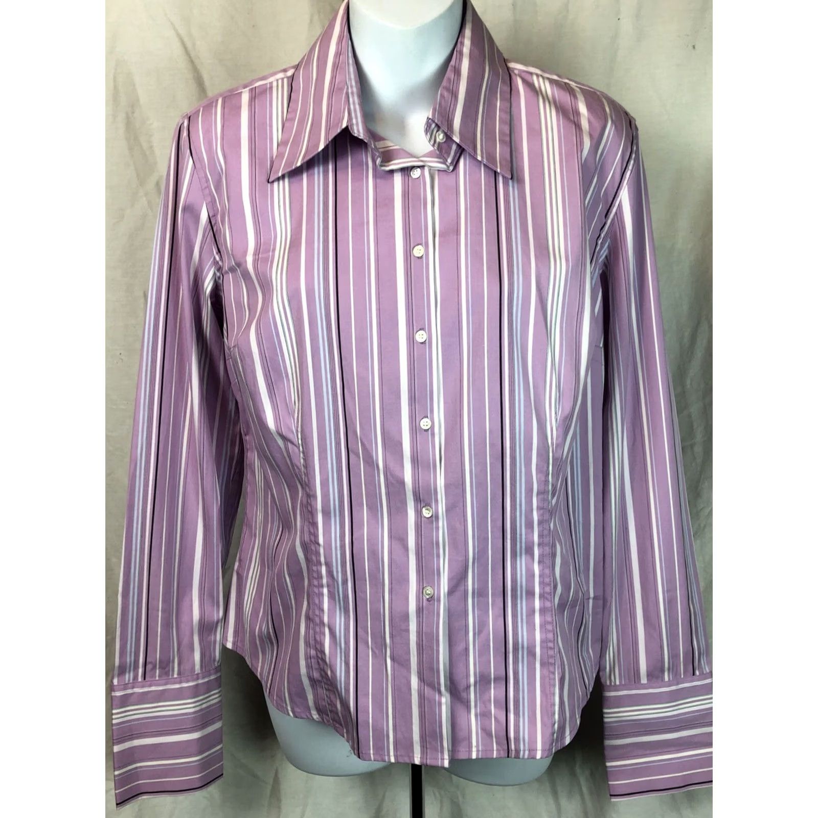 Express VINTAGE Express Button-Up Blouse 12 Purple Stripe Long Sleeve Shirt Womens 12 Purple Stripe y2k career workwear Size XL / US 12-14 / IT 48-50 - 5 Thumbnail