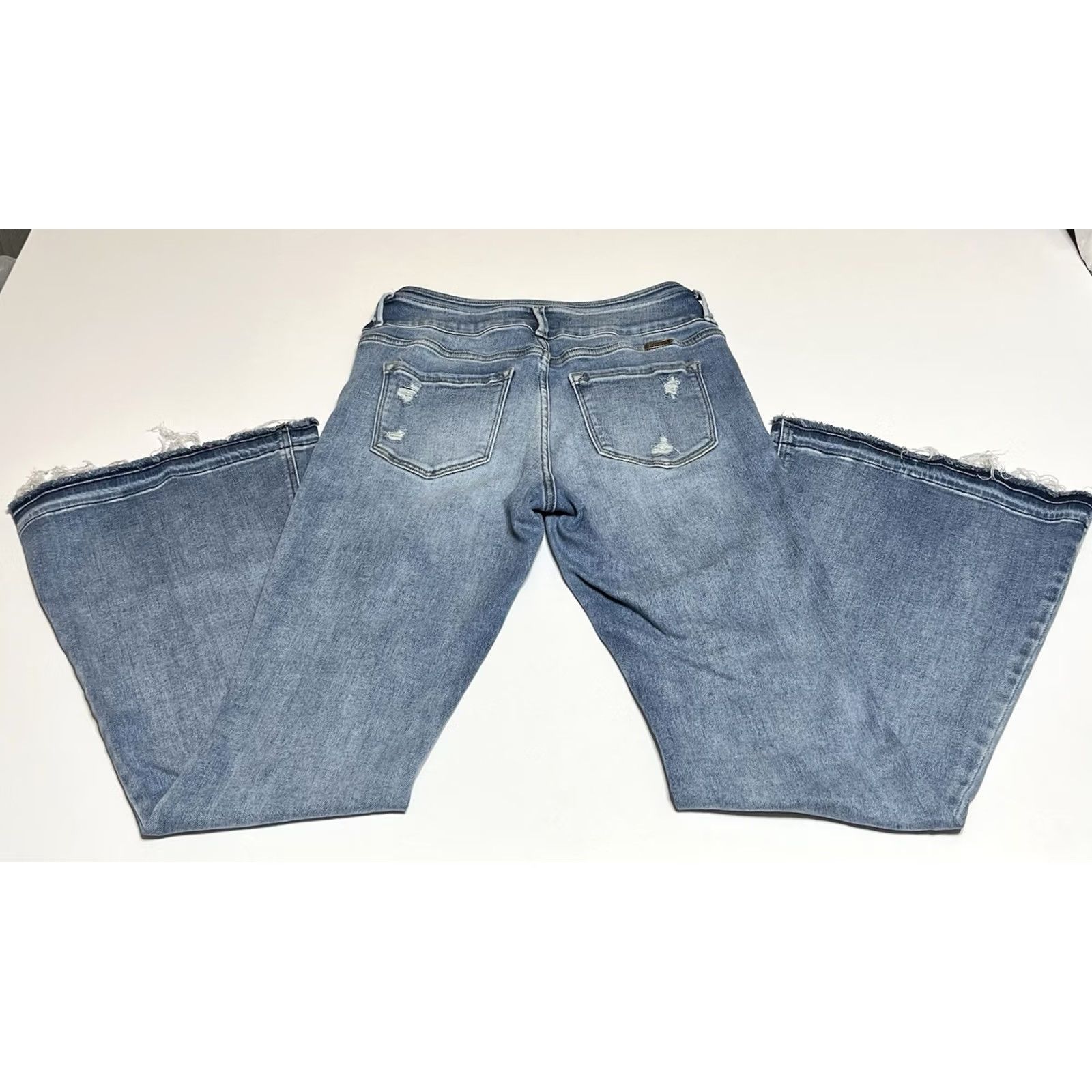 Vintage KanCan Jeans Womens 28x30 Blue High Rise Double Button Released Hem Flare Distressed Stretch 5-Pocket Denim Jeans Womens Regular Bohemian 90s Clothing Size 28" / US 6 / IT 42 - 2 Thumbnail