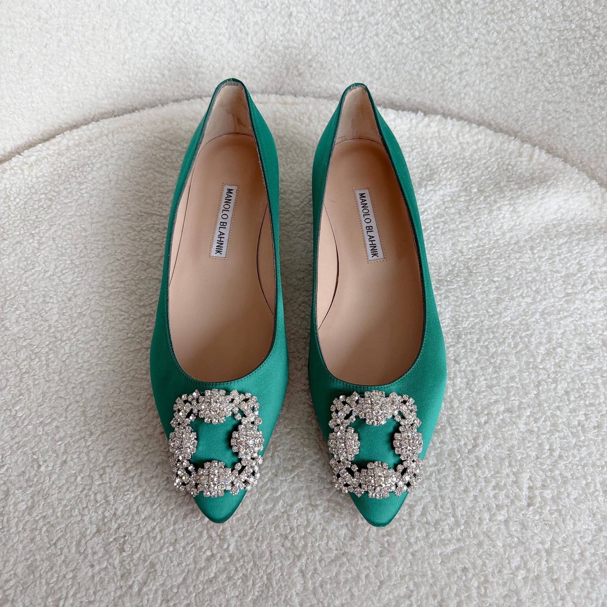 Manolo Blahnik Manolo Blahnik Green Satin Crystal Buckle Flats 37.5 Size US 7 / IT 37 - 2 Thumbnail