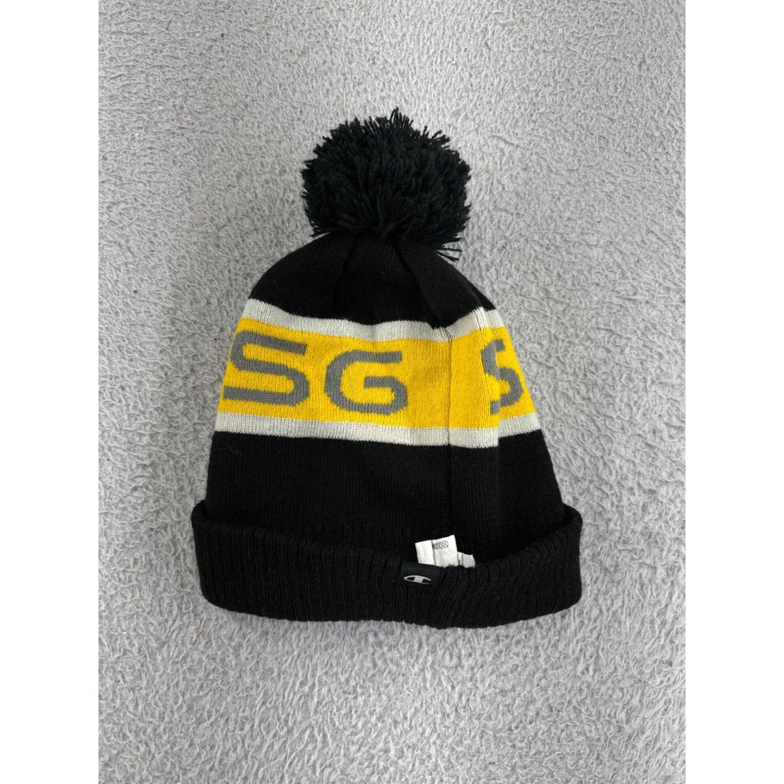 Champion Champion Beanie Adult One Size Black Yellow Knit 100% Acrylic Pom Ski Winter Mens Beanie Size ONE SIZE - 2 Thumbnail