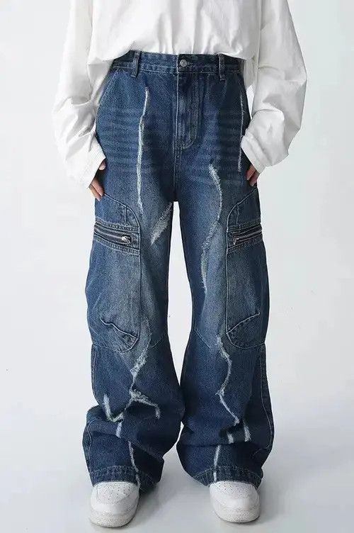 Japanese Brand Baggy Ripped Jeans Frayed Zipper Pockets cargo Pants Hip-hop Size US 32 / EU 48 - 1 Thumbnail
