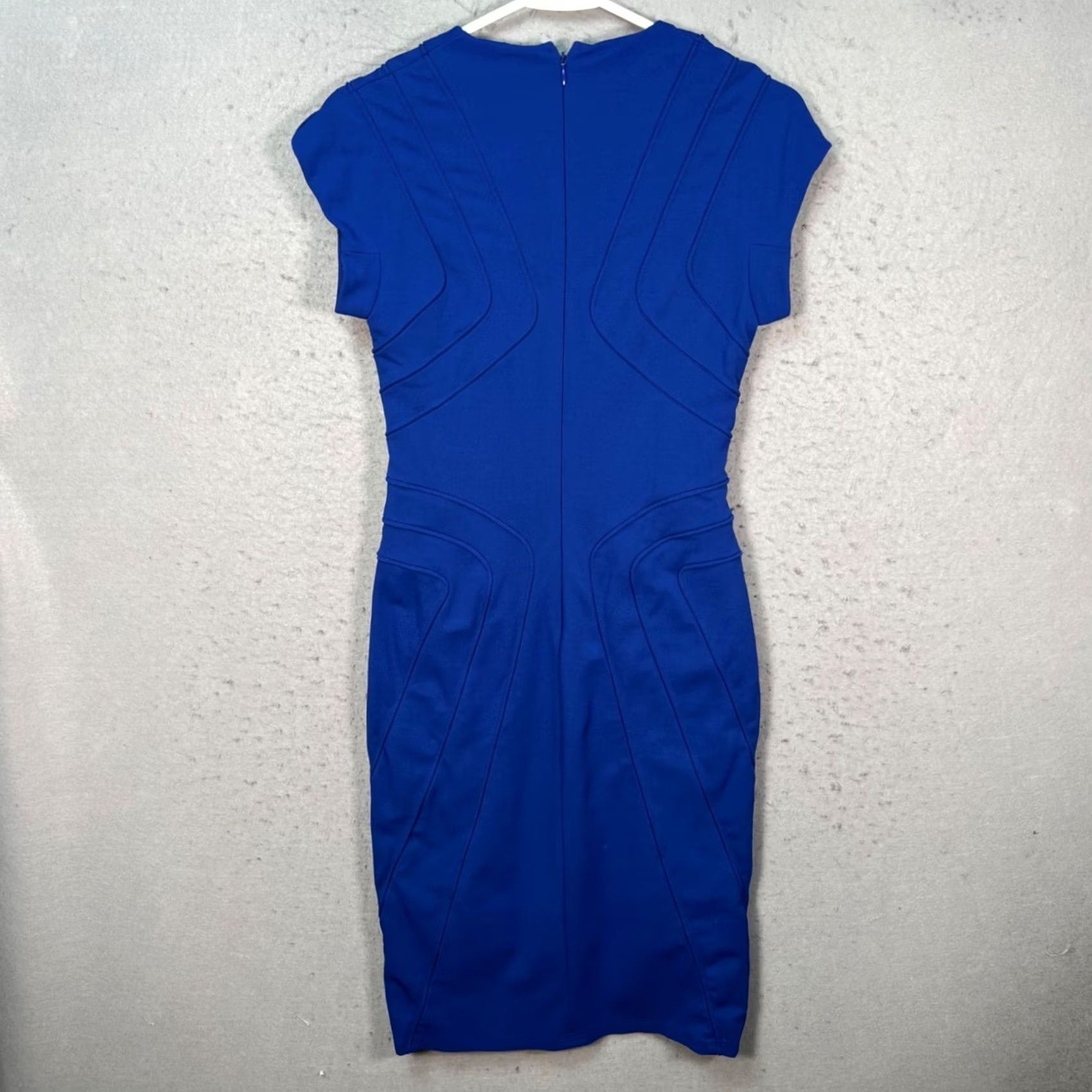 Escada Escada Dress Blue V-Neck Short Sleeve Sheath Size 34 Womens 34 Party Cocktail Knee Length Satin/Viscose 8/10 Size XXS / US 00 / IT 34 - 2 Thumbnail