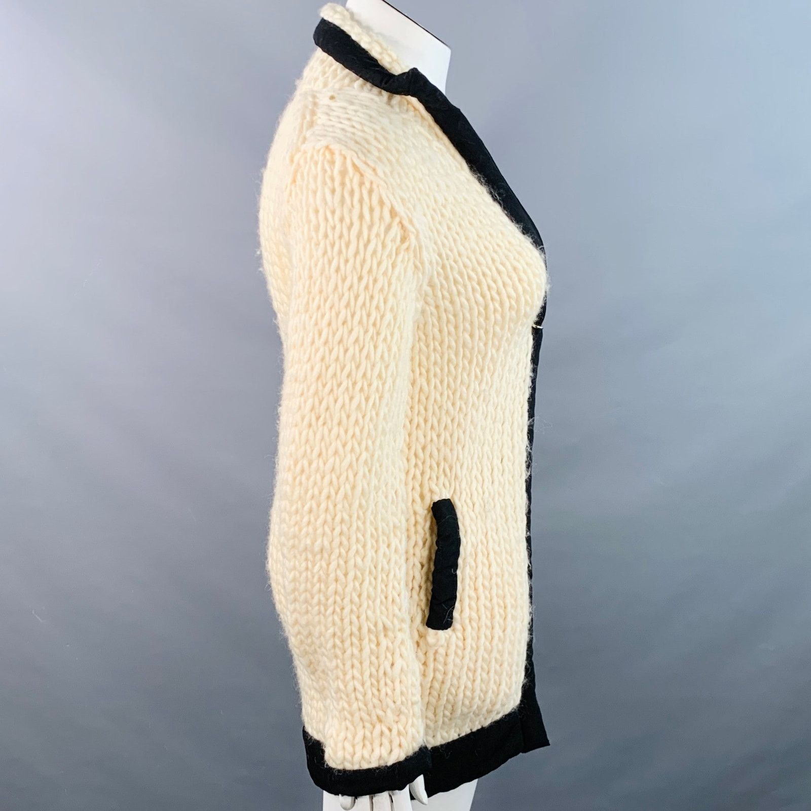 Yohji Yamamoto YOHJI YAMAMOTO L Cream Black Wool Contrast Trim Cardigan Size L / US 10 / IT 46 - 3 Thumbnail