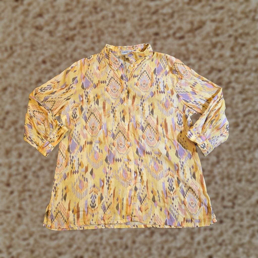 Coldwater Creek Coldwater Creek Top Womens Medium Yellow Linen Button Southwest Aztec Casual Blouse Shirt M Ladies Womens Size M / US 6-8 / IT 42-44 - 1 Thumbnail