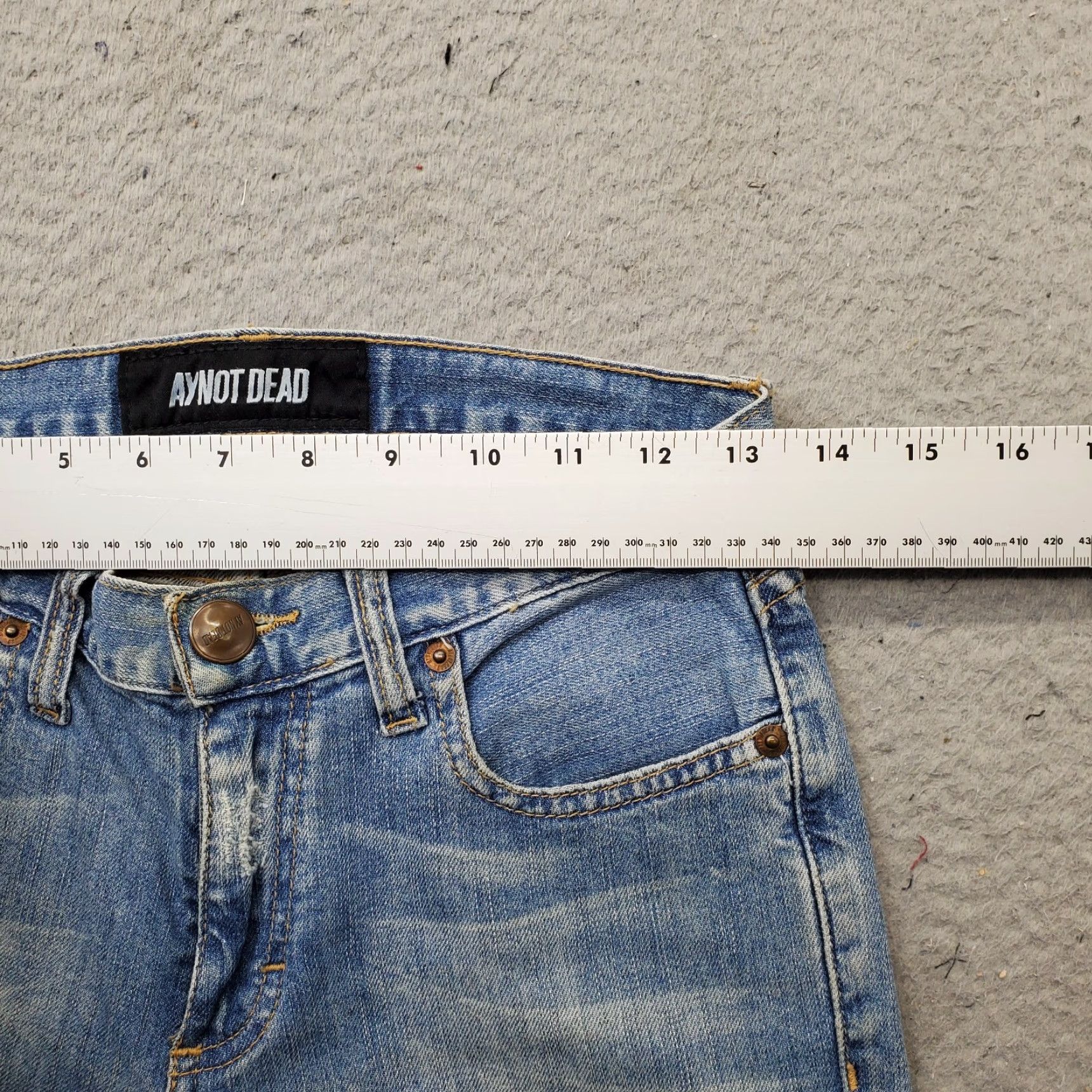 Vintage Ay Not Dead Jeans Womens 24 Skinny Blue Leather Knee Patches Streetwear 5-Pocket Design, Inseam 26.5" | Mens? Womens Size 42" / US 20 - 6 Thumbnail