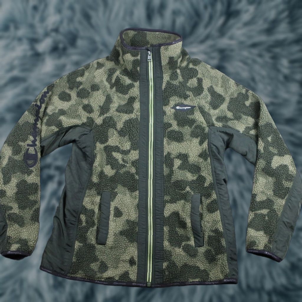 Champion VINTAGE Champion Fleece Sweater Mens Medium Green Woodland Camouflage Full Zip High Neck Size US M / EU 48-50 / 2 - 1 Thumbnail