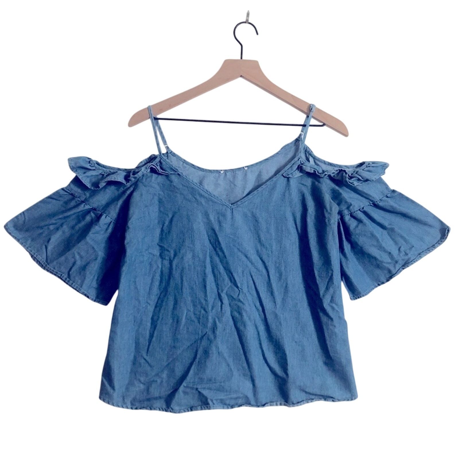 Anthropologie Blue Chambray Soft Denim Cold Shoulder Ruffle Blouse Top Size S / US 4 / IT 40 - 1 Thumbnail