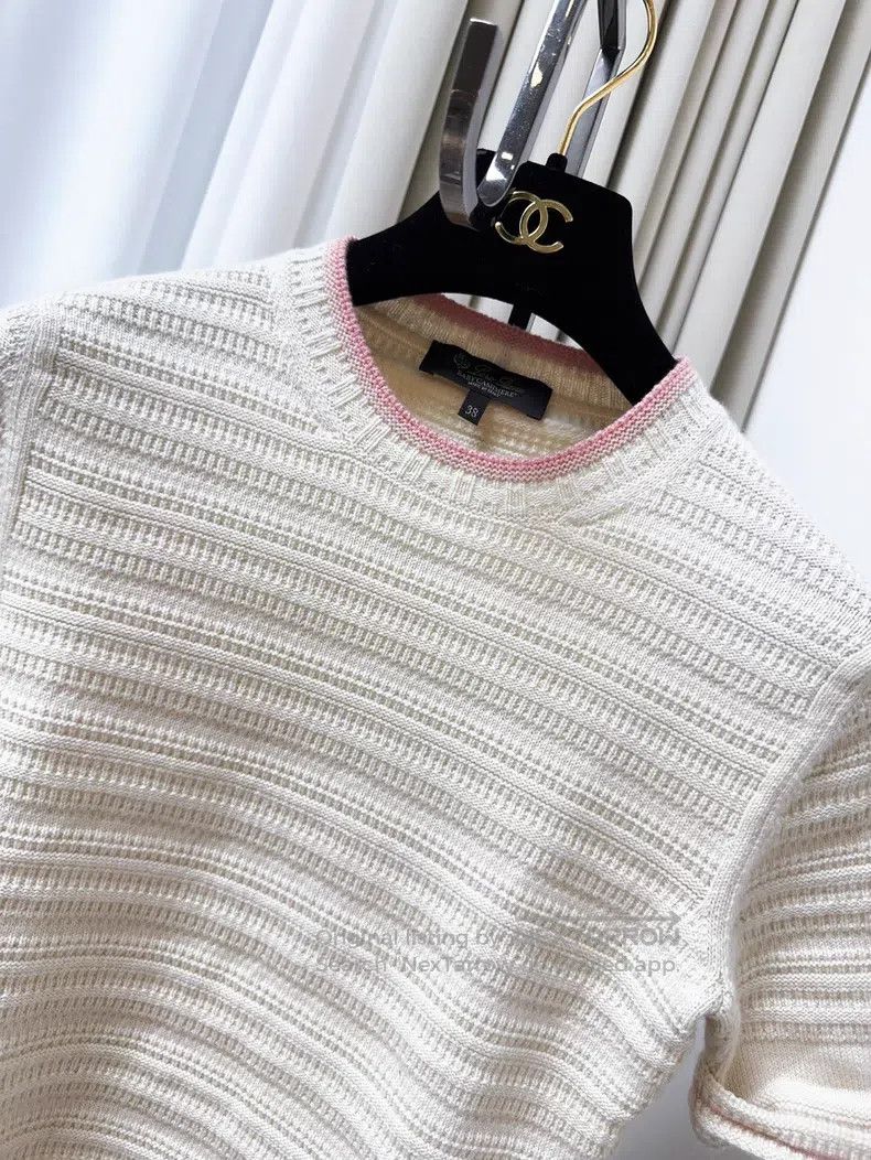 Loro Piana Loro Piana Beige Cashmere Knit Short Sleeve with Pink Edge Size XS / US 0-2 / IT 36-38 - 3 Thumbnail