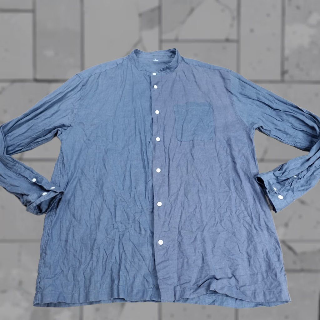 Muji MUJI Mens Shirt Large Blue Two Tone 100% Hemp Band Collar Long Sleeve Casual Button Size US L / EU 52-54 / 3 - 1 Thumbnail