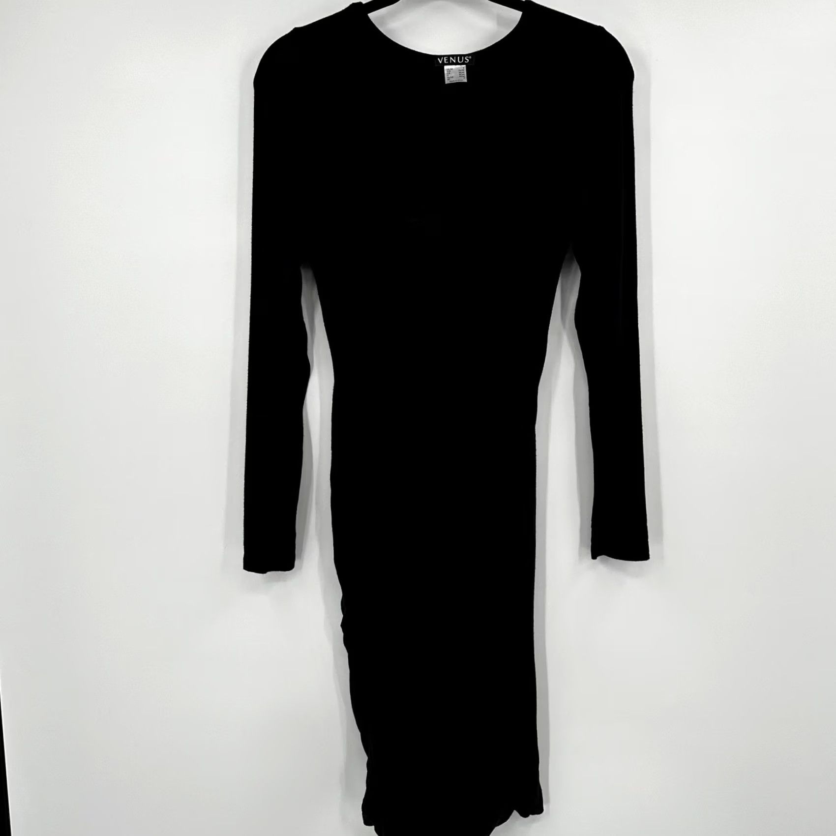 Venus Dress Black Long Sleeve Scoop Neck Ruched Draped Bodycon Knee Length Women Small Party/Cocktail