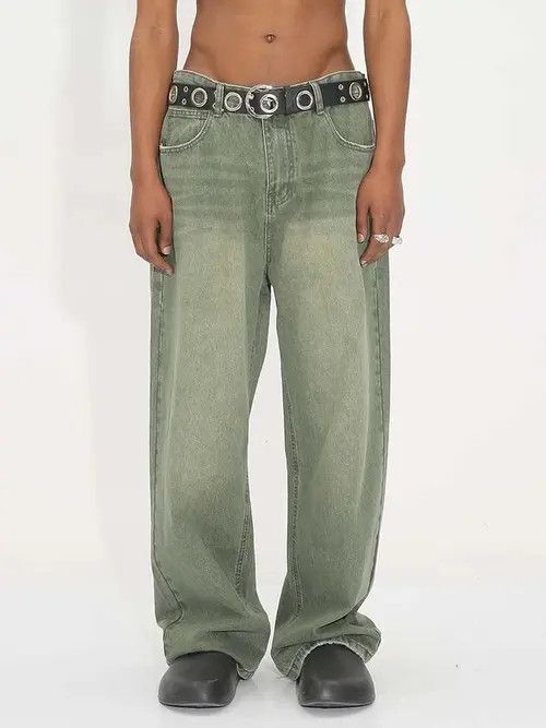 image of Vintage Distressed Washed Y2K Baggy Pants Jeans in Green, Men's (Size 32)
