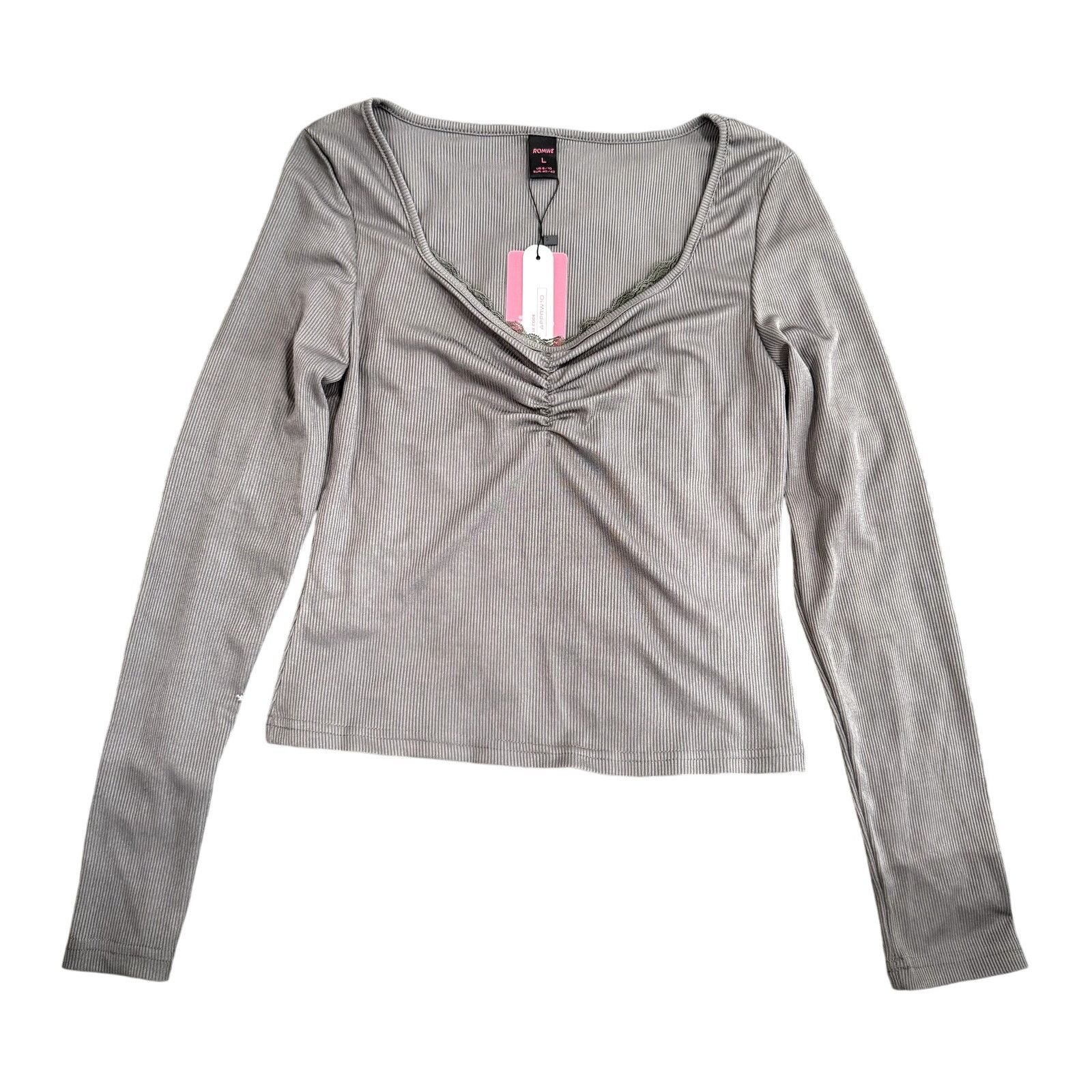 Shein Women's Long Sleeve V-Neck Lace Trim Crop Top in Gray Size L Size L / US 10 / IT 46 - 1 Thumbnail
