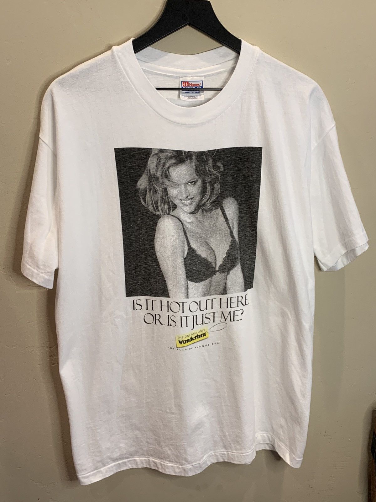 image of Made In USA Vintage 1995 Is It Hot Out Here? Wonderbra Promo Shirt in White, Men's (Size XL)