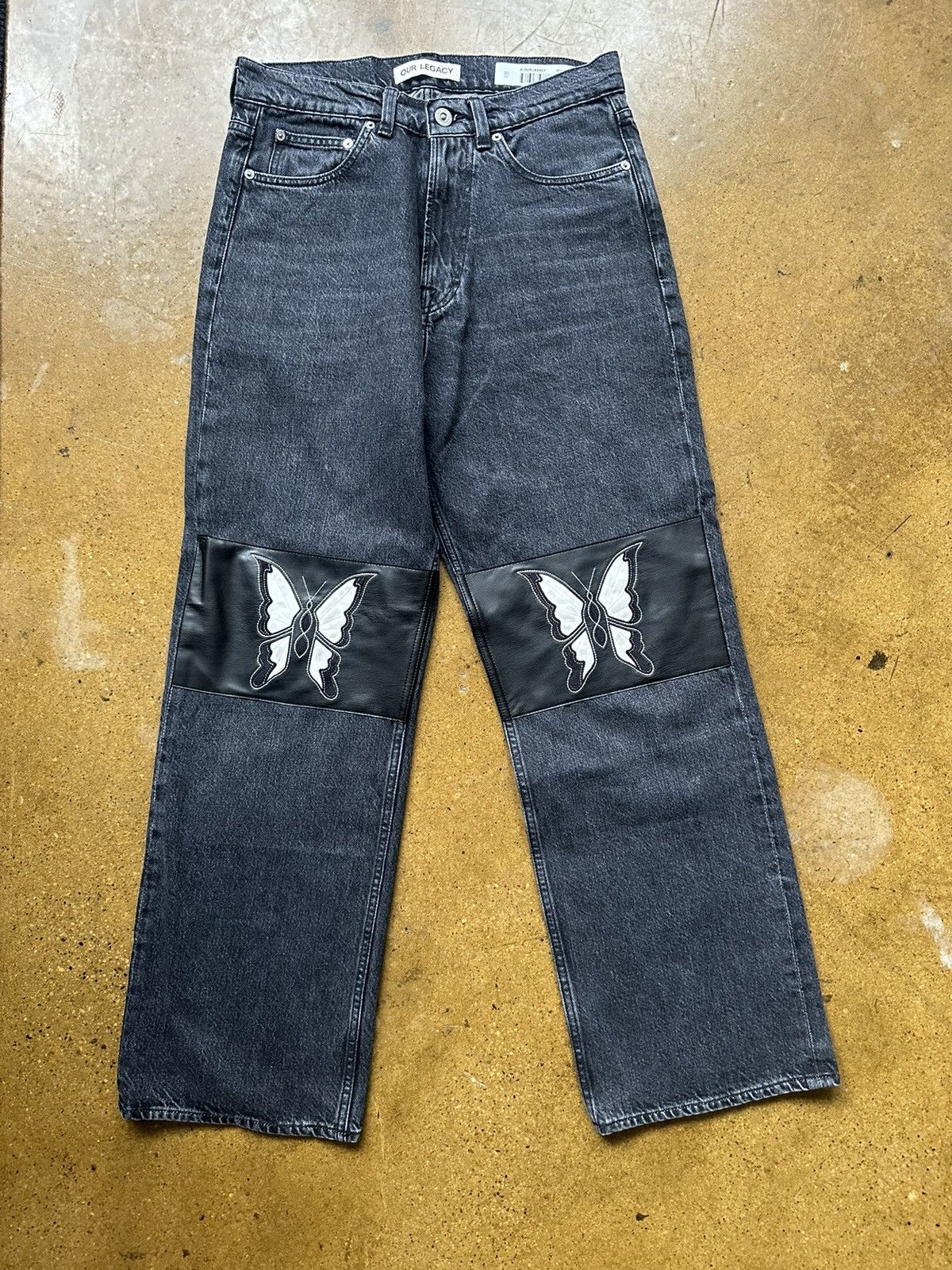 image of Our Legacy Butterfly Leather Knee Denim in Black, Men's (Size 30)