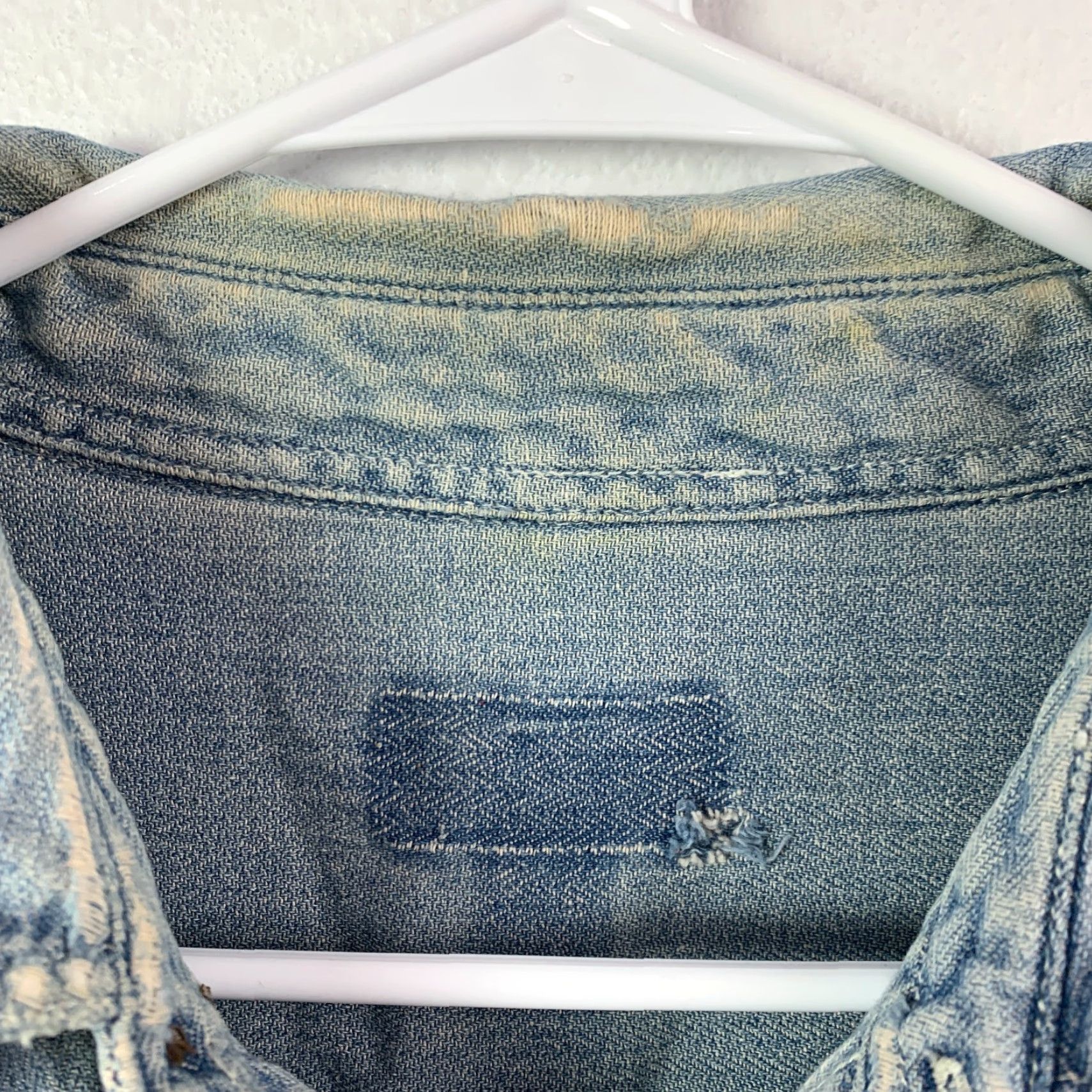 Denime Vintage Denim Button-Up Shirt XL 45" Chest Blue Solid Thrashed Destroyed Distressed Casual Mens Shirt Size US XL / EU 56 / 4 - 3 Thumbnail